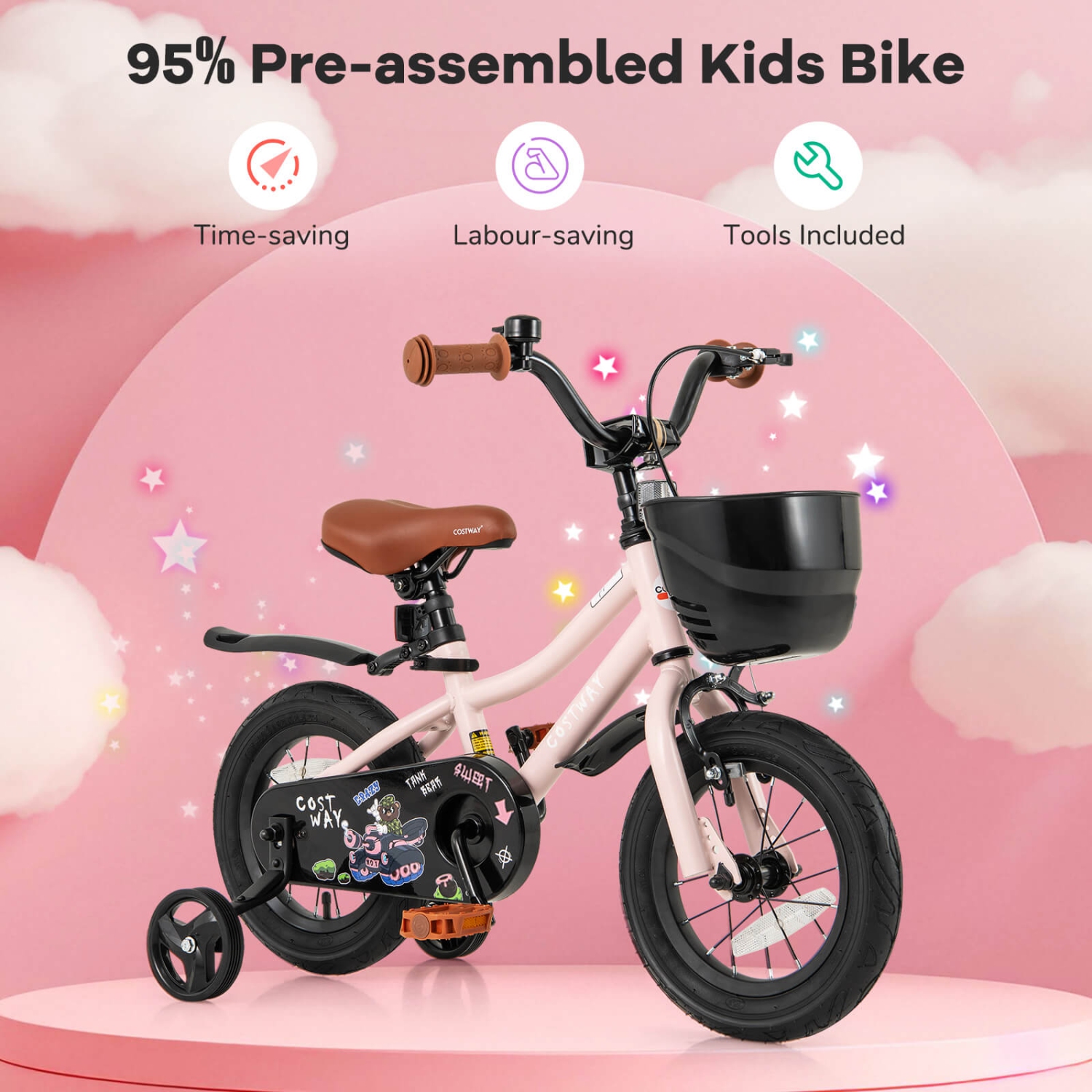 Vélo pour enfants de 12, 14, 16 et 18 po de Costway avec roues stabilisatrices, guidon réglable et siège, frein à main rose
