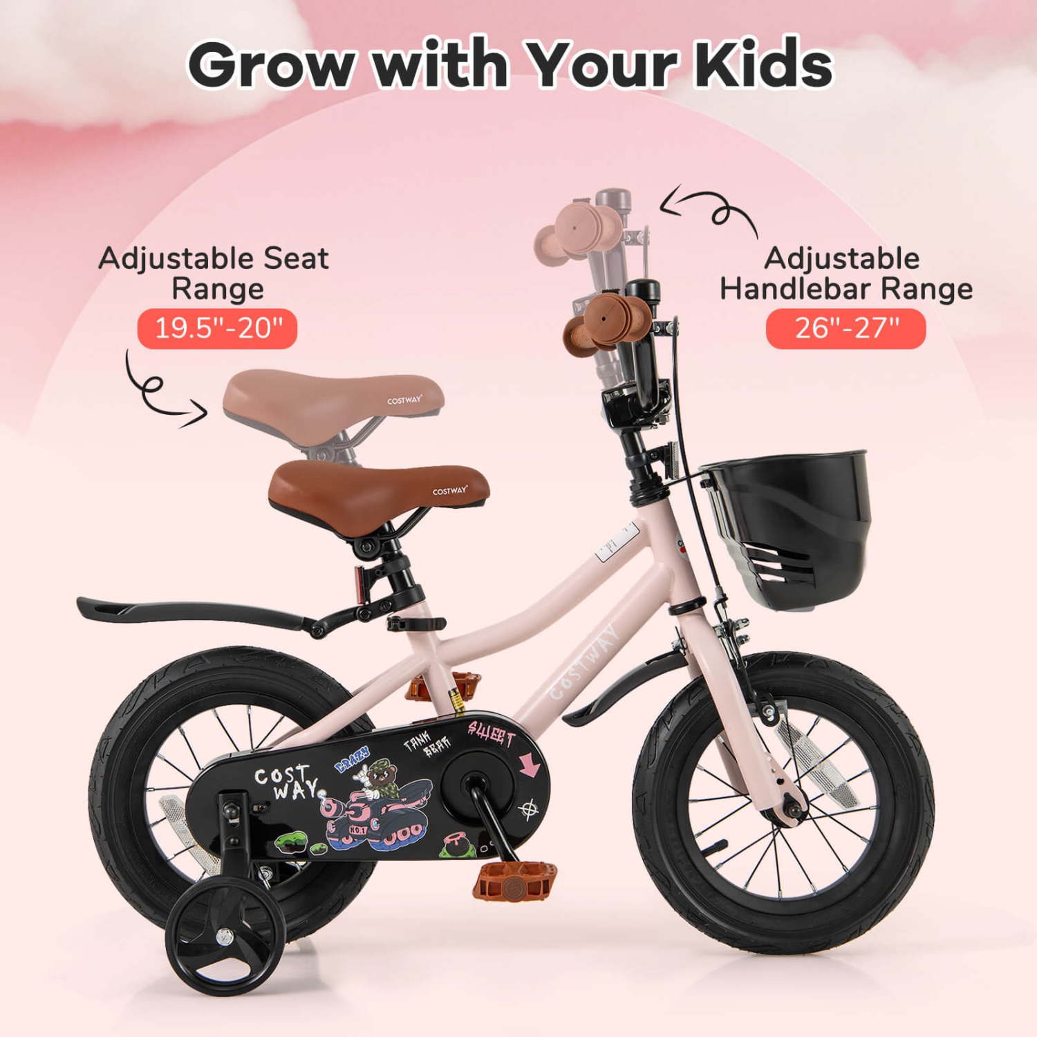 Vélo pour enfants de 12, 14, 16 et 18 po de Costway avec roues stabilisatrices, guidon réglable et siège, frein à main rose