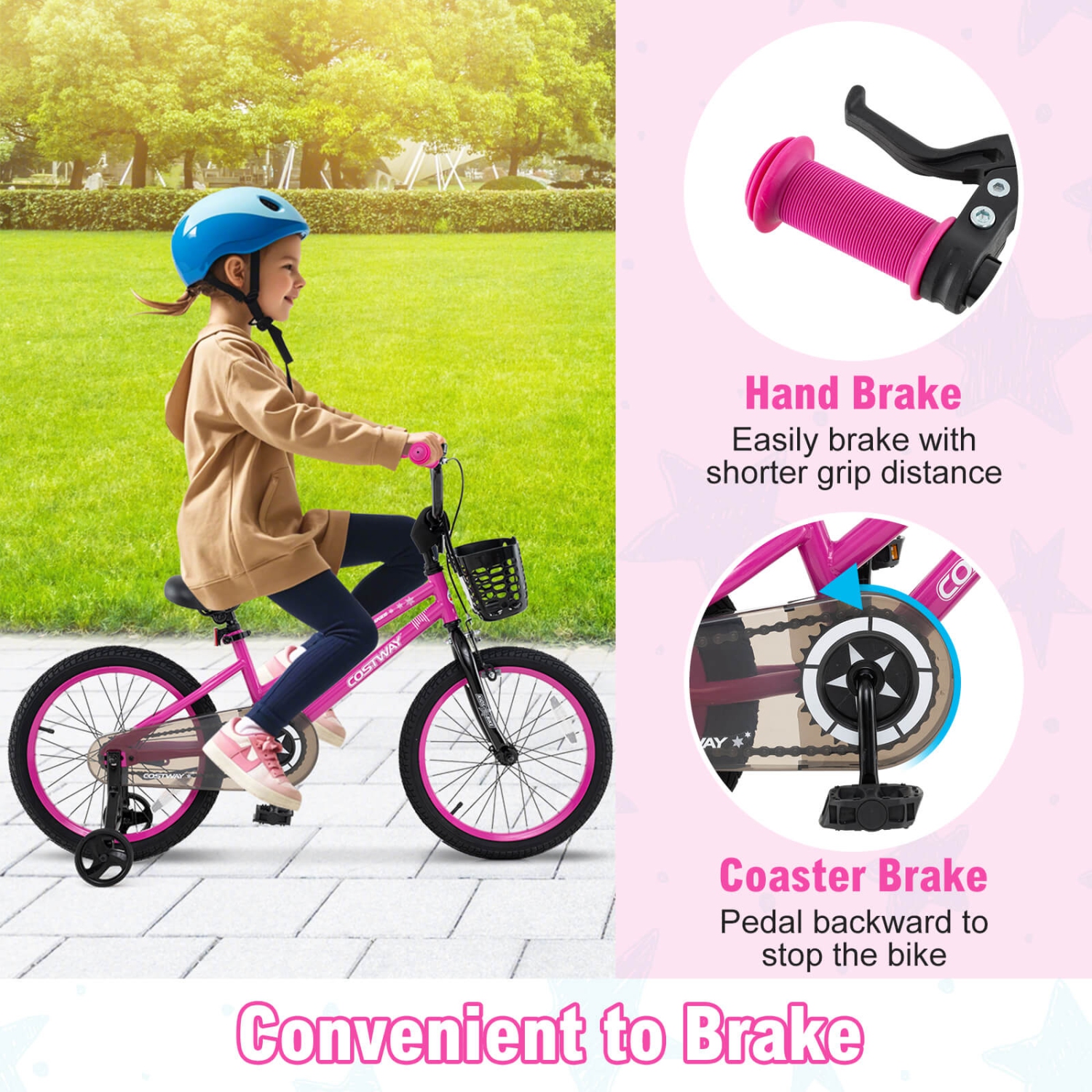 Costway Kid's Bike with Training Wheels Adjustable Handlebar & Seat Handbrake Black/Pink/Silver