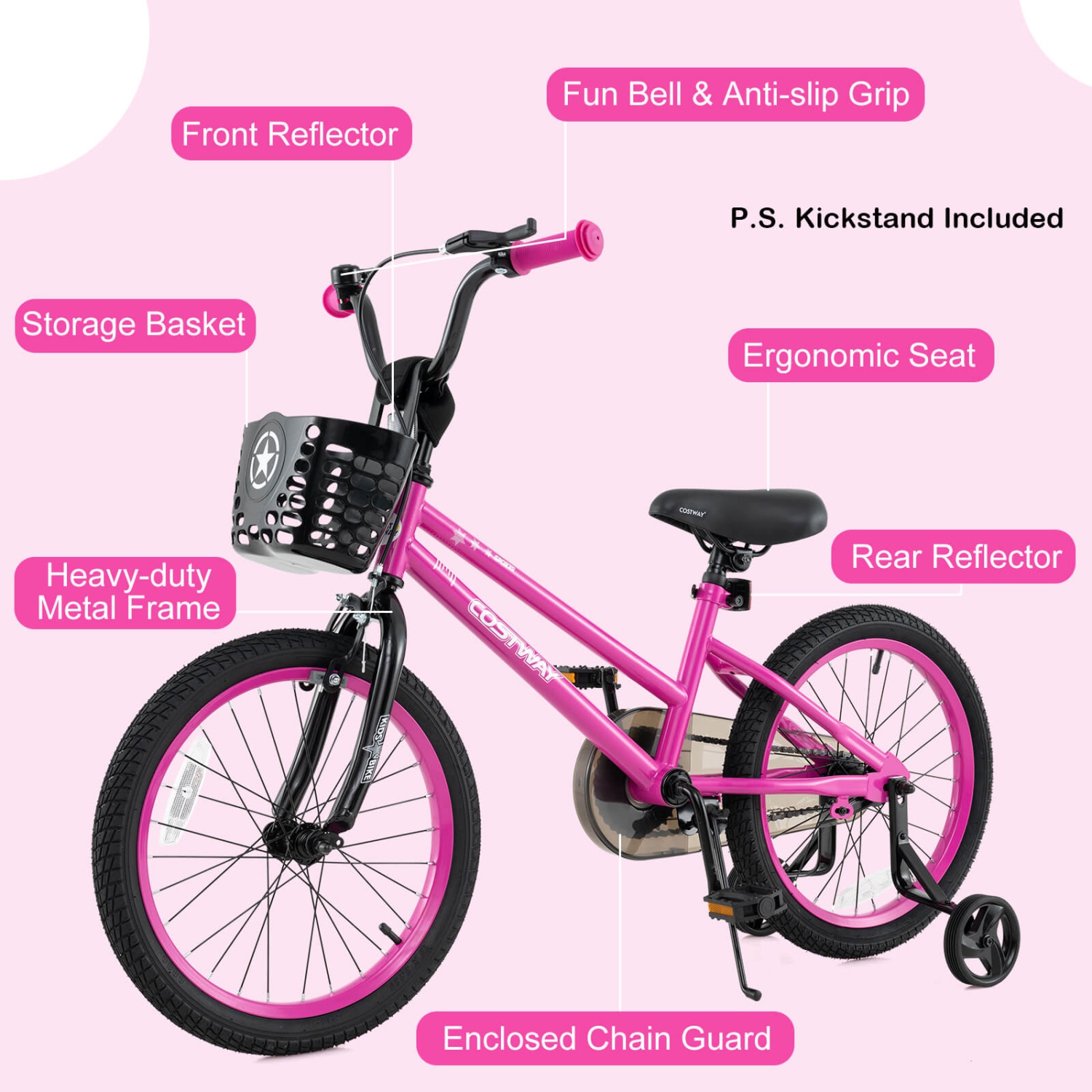 Costway Kid's Bike with Training Wheels Adjustable Handlebar & Seat Handbrake Black/Pink/Silver