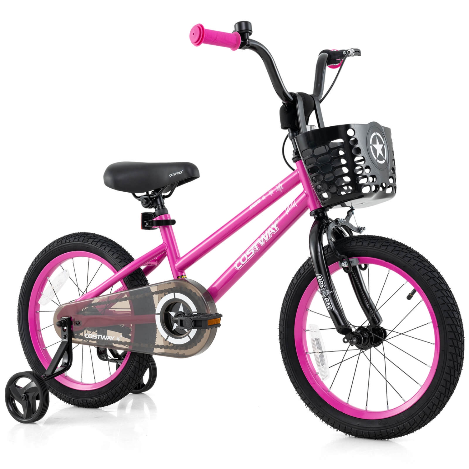 Vélo pour enfants de Costway avec roues stabilisatrices, guidon réglable et siège, frein à main noir/rose/argenté
