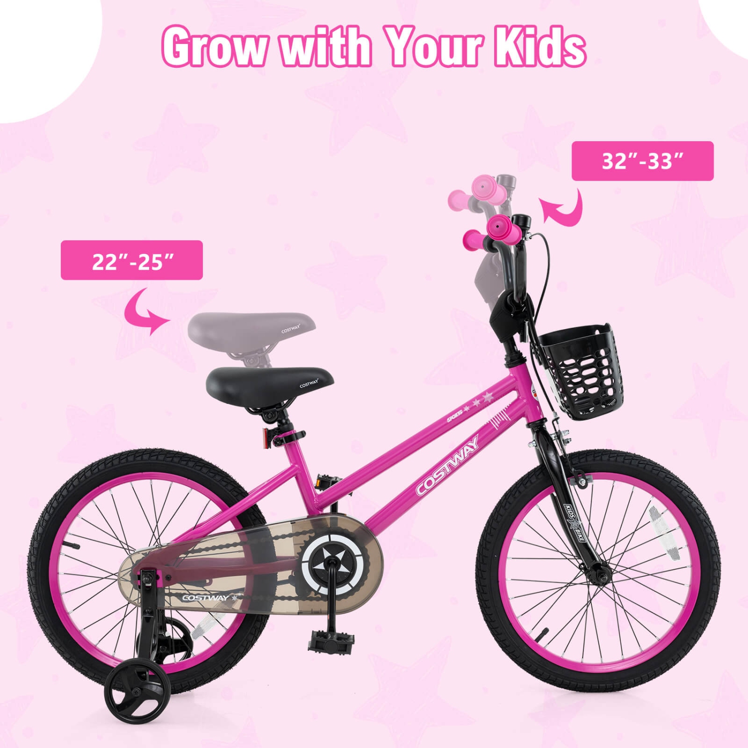 Vélo pour enfants de Costway avec roues stabilisatrices, guidon réglable et siège, frein à main noir/rose/argenté