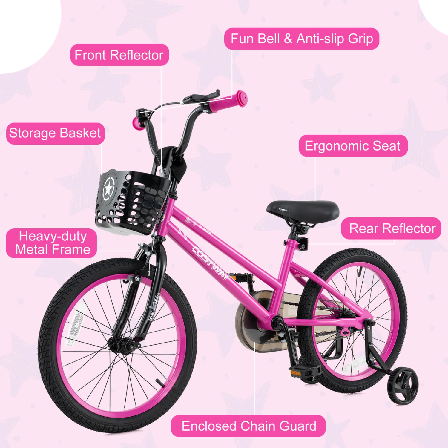Vélo pour enfants de Costway avec roues stabilisatrices, guidon réglable et siège, frein à main noir/rose/argenté