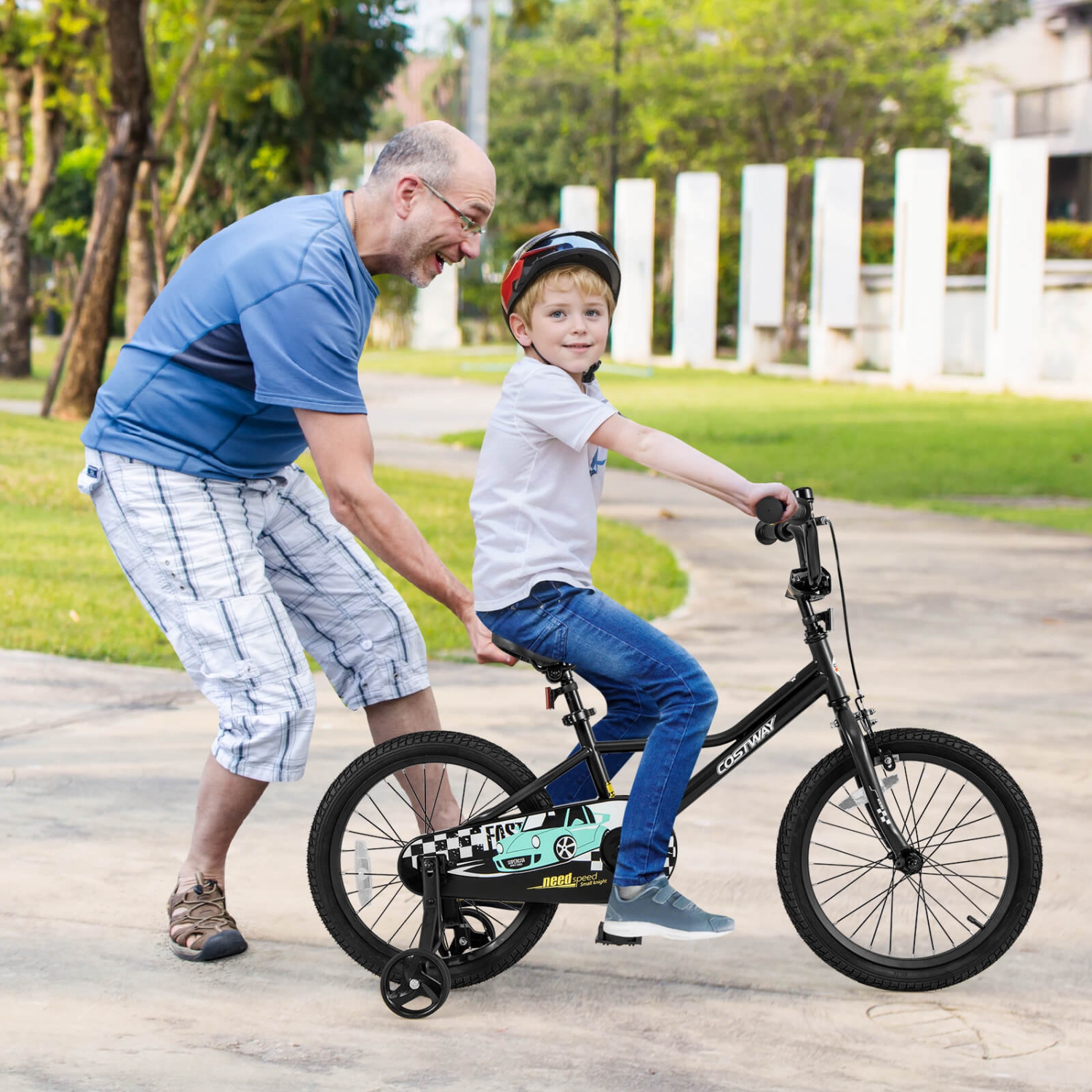 Vélo d'entraînement pour enfants de 12, 14, 16 et 18&nbsp;po avec roues d'entraînement amovibles Pneus pneumatiques bleu marine/noir de Costway