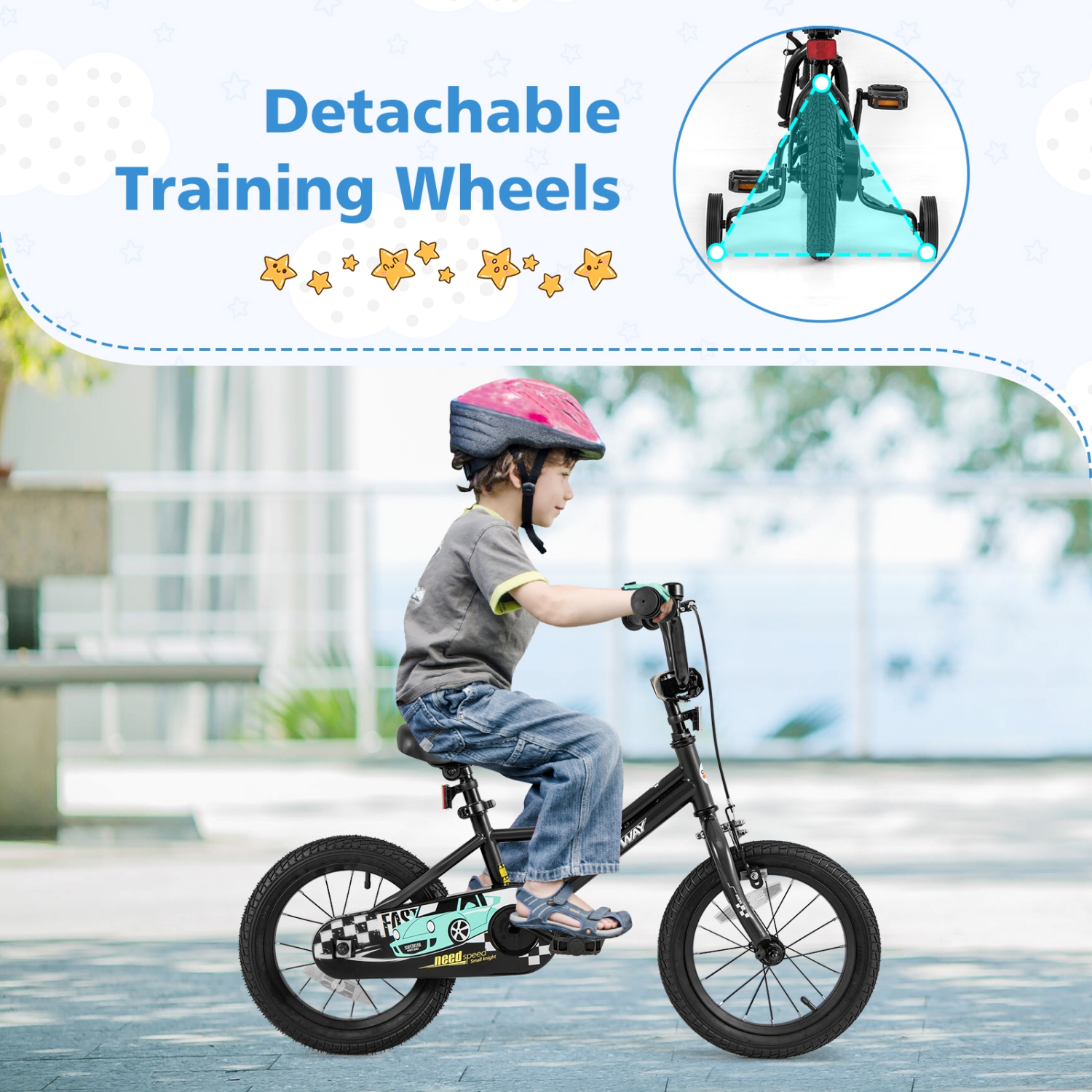 Costway 12"/14"/16"/18" Kids Training Bike with Removable Training Wheels Pneumatic Tires Navy/Black
