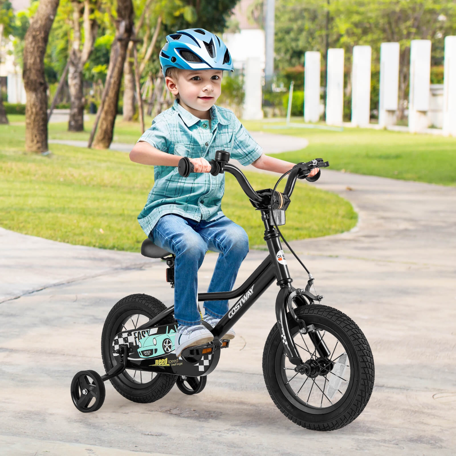 Costway 12"/14"/16"/18" Kids Training Bike with Removable Training Wheels Pneumatic Tires Navy/Black