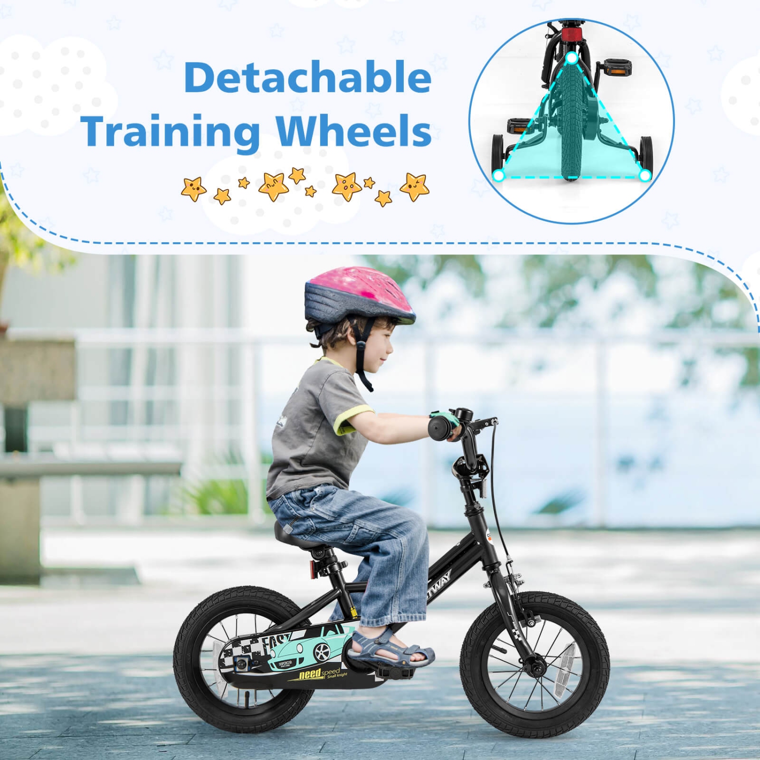 Costway 12"/14"/16"/18" Kids Training Bike with Removable Training Wheels Pneumatic Tires Navy/Black
