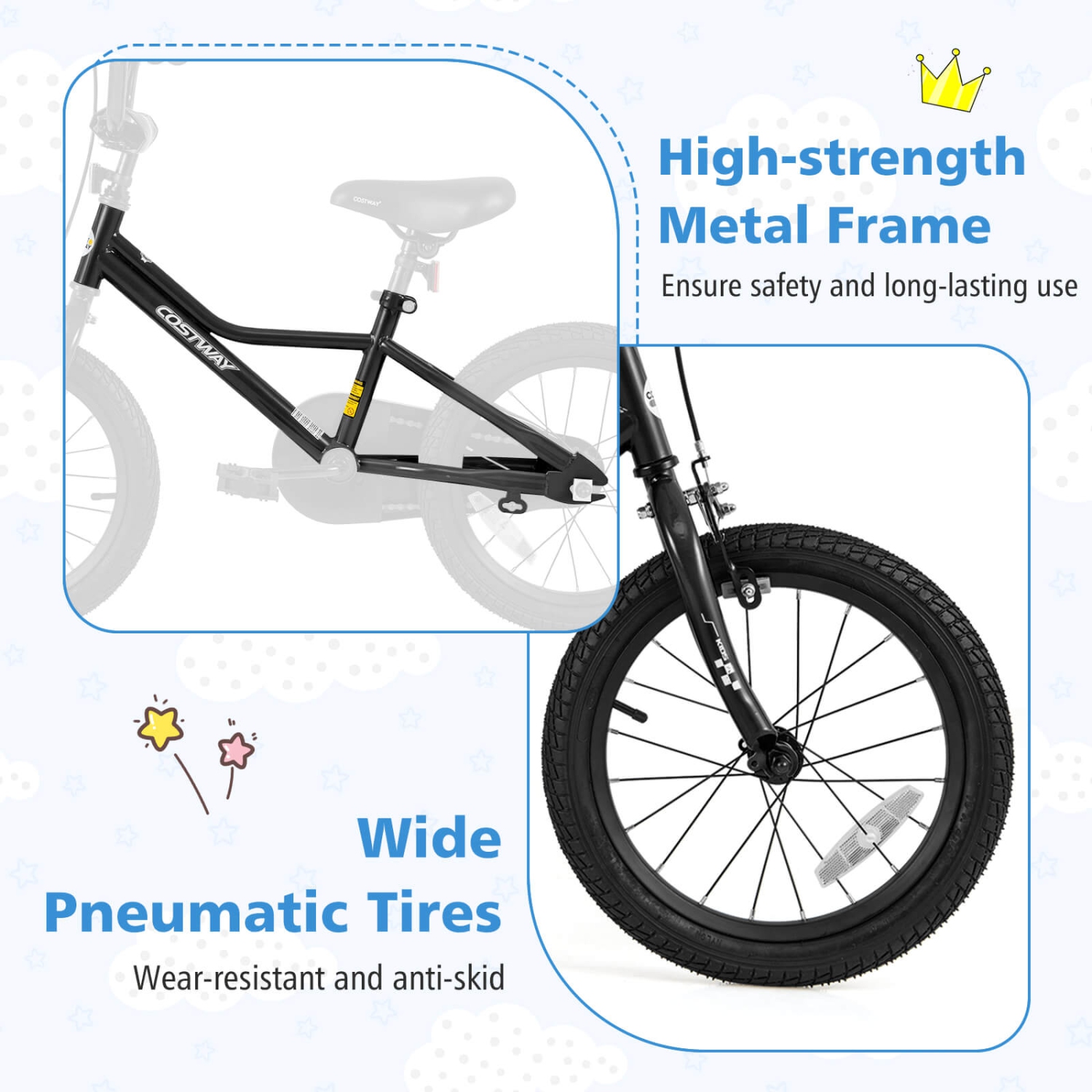 Vélo d'entraînement pour enfants de 12, 14, 16 et 18 po avec roues d'entraînement amovibles Pneus pneumatiques bleu marine/noir de Costway