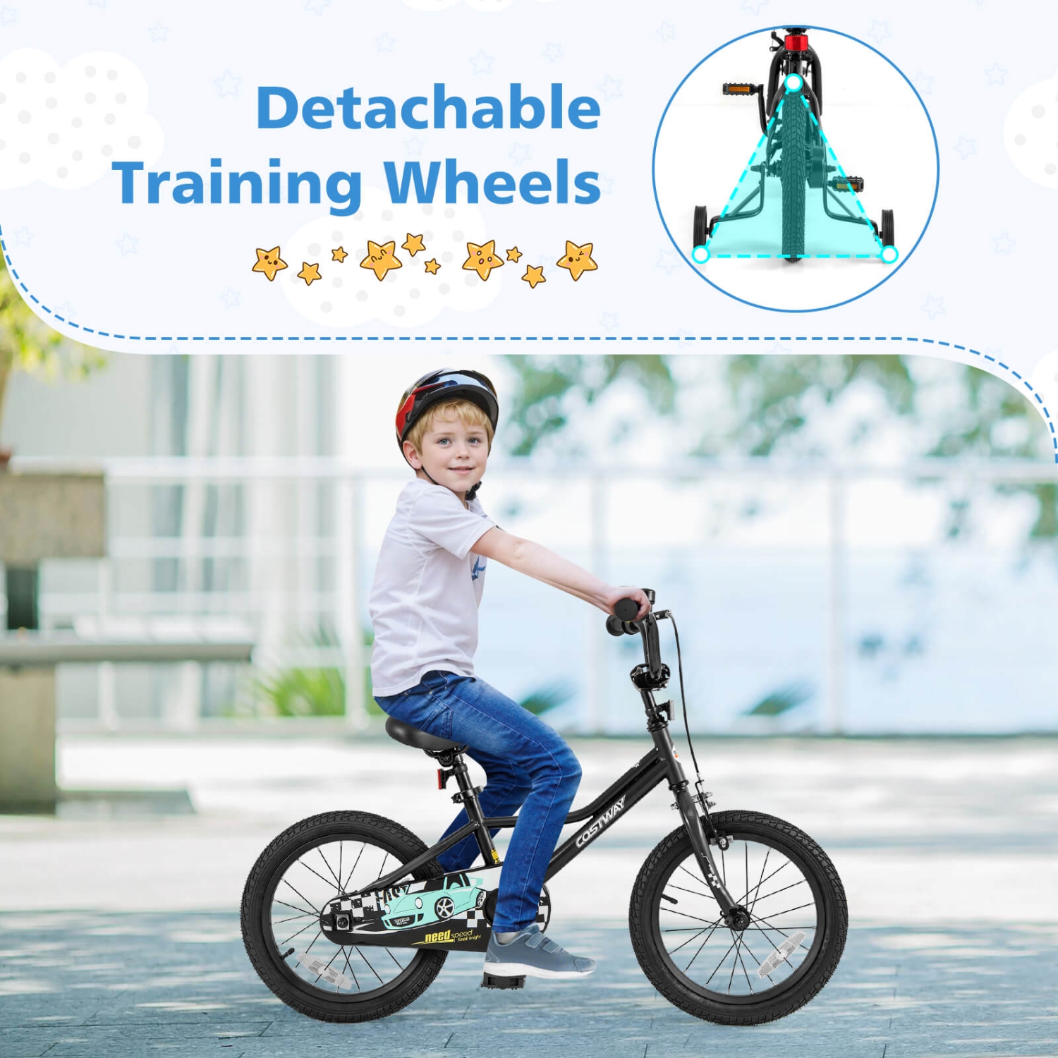 Vélo d'entraînement pour enfants de 12, 14, 16 et 18 po avec roues d'entraînement amovibles Pneus pneumatiques bleu marine/noir de Costway