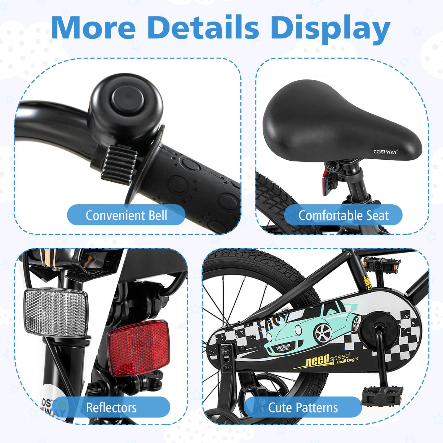 Vélo d'entraînement pour enfants de 12, 14, 16 et 18 po avec roues d'entraînement amovibles Pneus pneumatiques bleu marine/noir de Costway