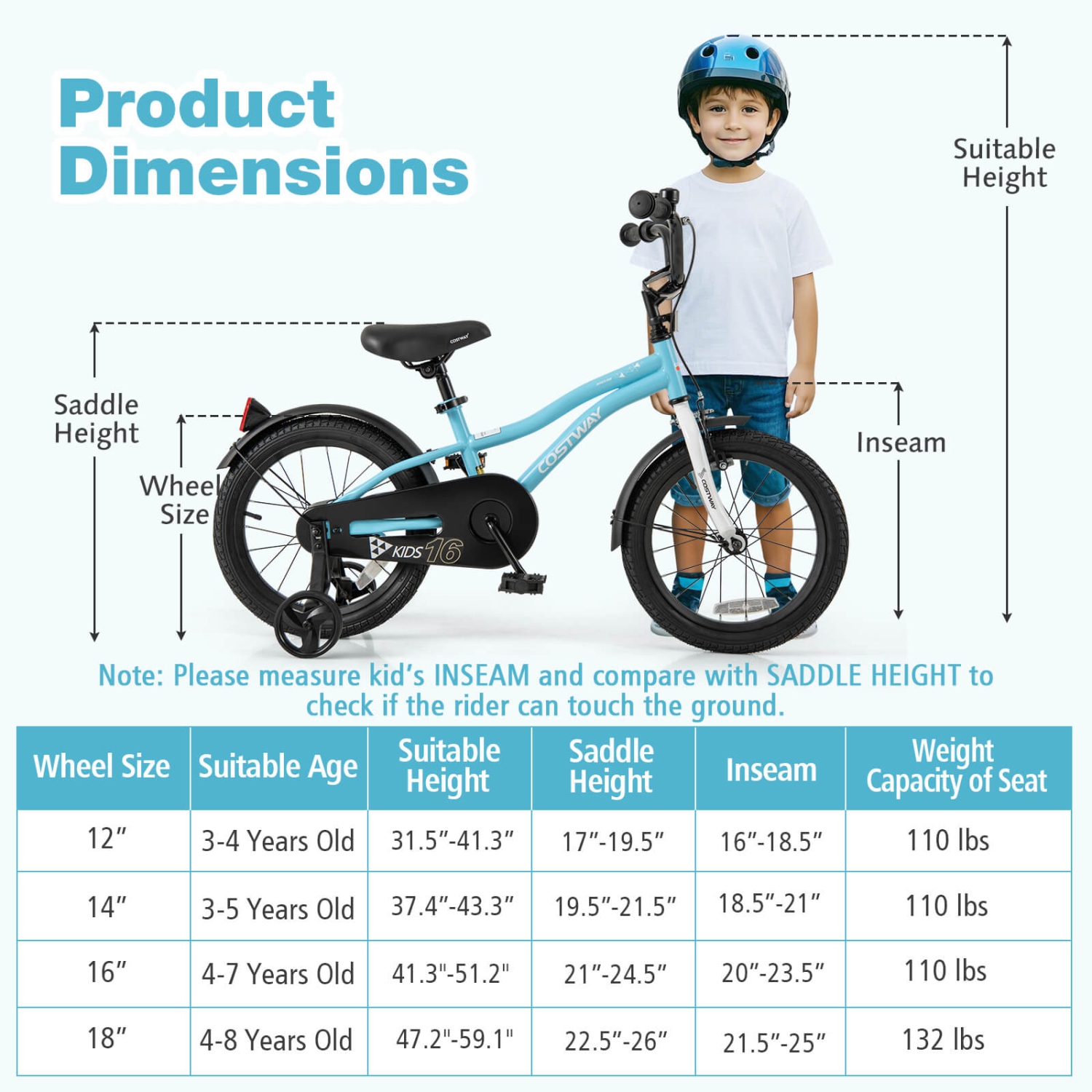 Vélo pour enfants de 12&nbsp;po/14&nbsp;po/16&nbsp;po/18&nbsp;po de Costway pour garçons et filles de 3-4 ans avec siège ajustable réfléchissants