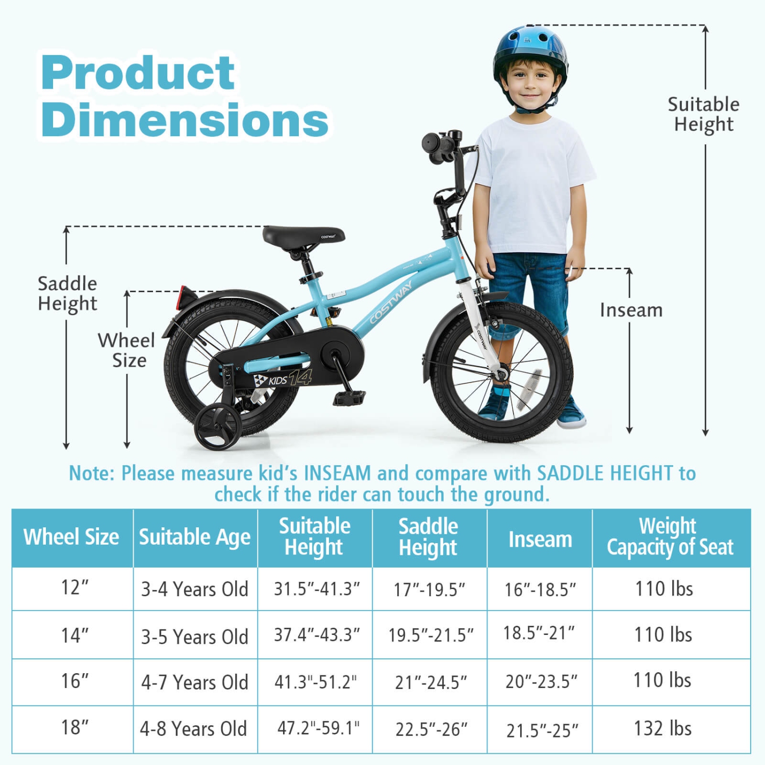 Vélo pour enfants de 12&nbsp;po/14&nbsp;po/16&nbsp;po/18&nbsp;po de Costway pour garçons et filles de 3-4 ans avec siège ajustable réfléchissants