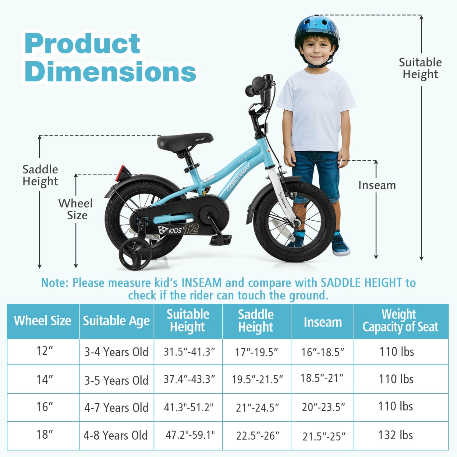 Costway 12"/14"/16"/18" Kids Bike for 3-4 Years Old Boys & Girls with Adjustable Seat Handbrake Reflectors Blue/Purple/Red
