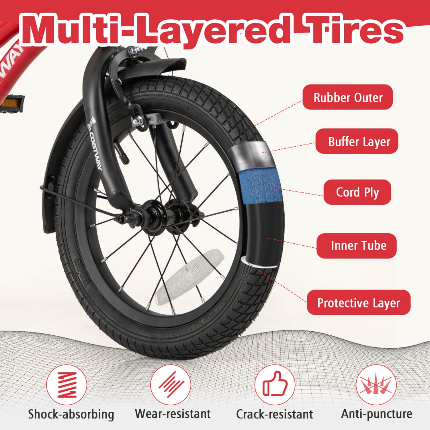 Vélo pour enfants de 12&nbsp;po/14&nbsp;po/16&nbsp;po/18&nbsp;po de Costway pour garçons et filles de 3-4 ans avec siège ajustable réfléchissants