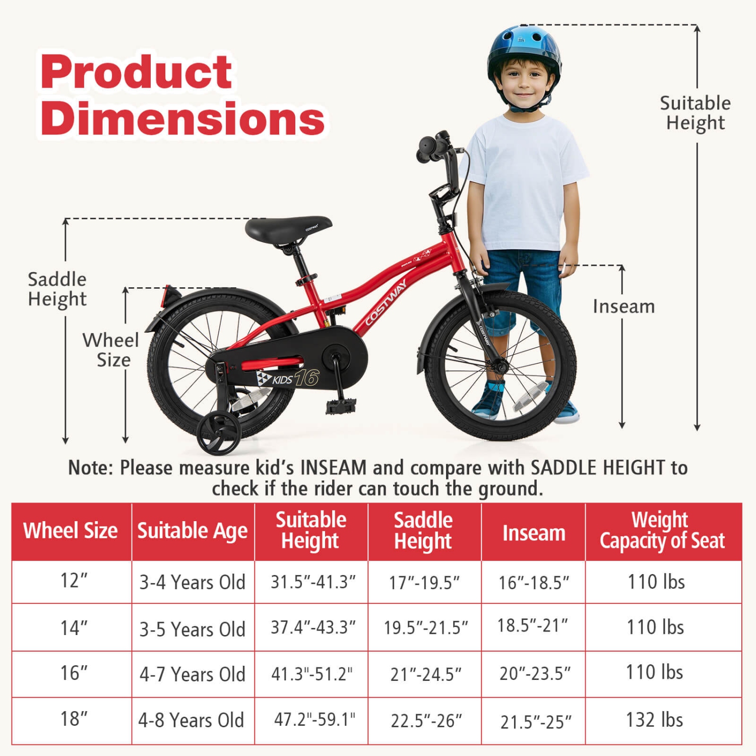 Costway 12"/14"/16"/18" Kids Bike for 3-4 Years Old Boys & Girls with Adjustable Seat Handbrake Reflectors Blue/Purple/Red