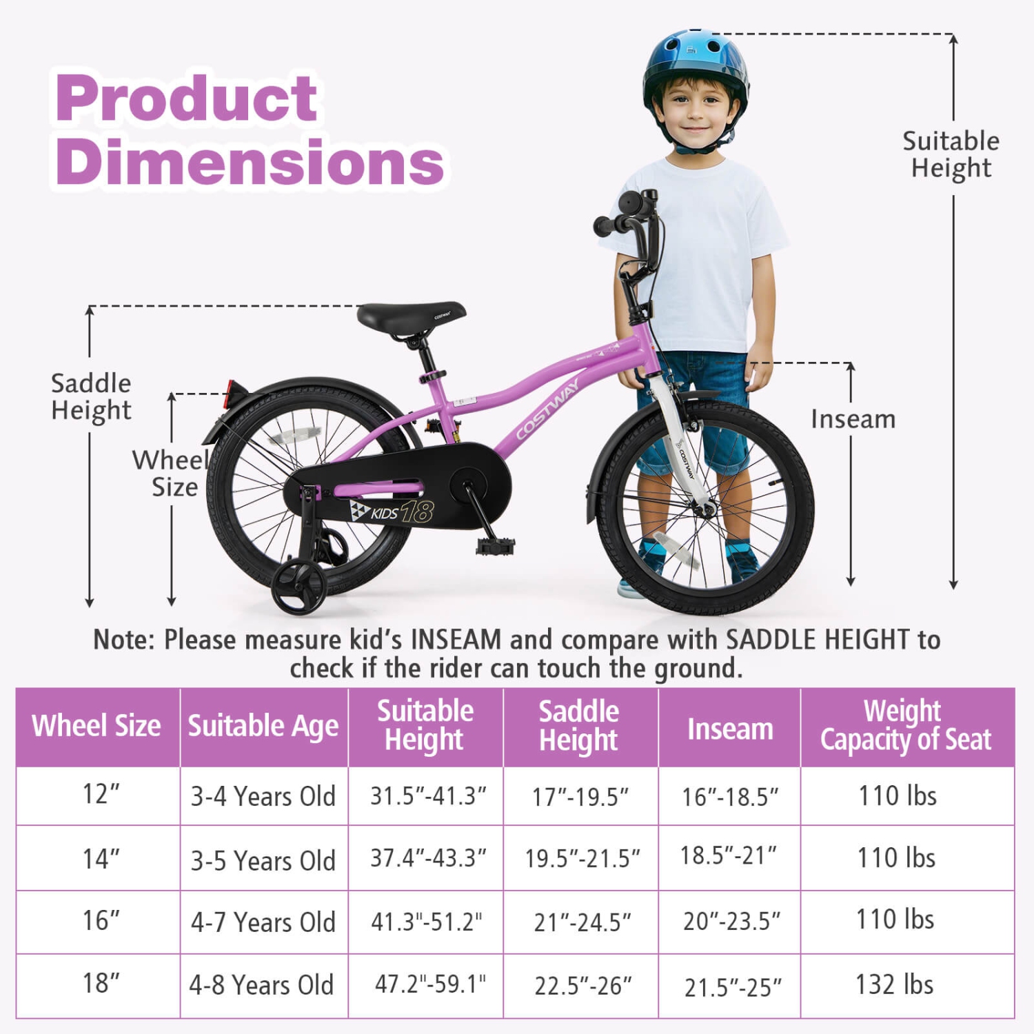 Costway 12"/14"/16"/18" Kids Bike for 3-4 Years Old Boys & Girls with Adjustable Seat Handbrake Reflectors Blue/Purple/Red