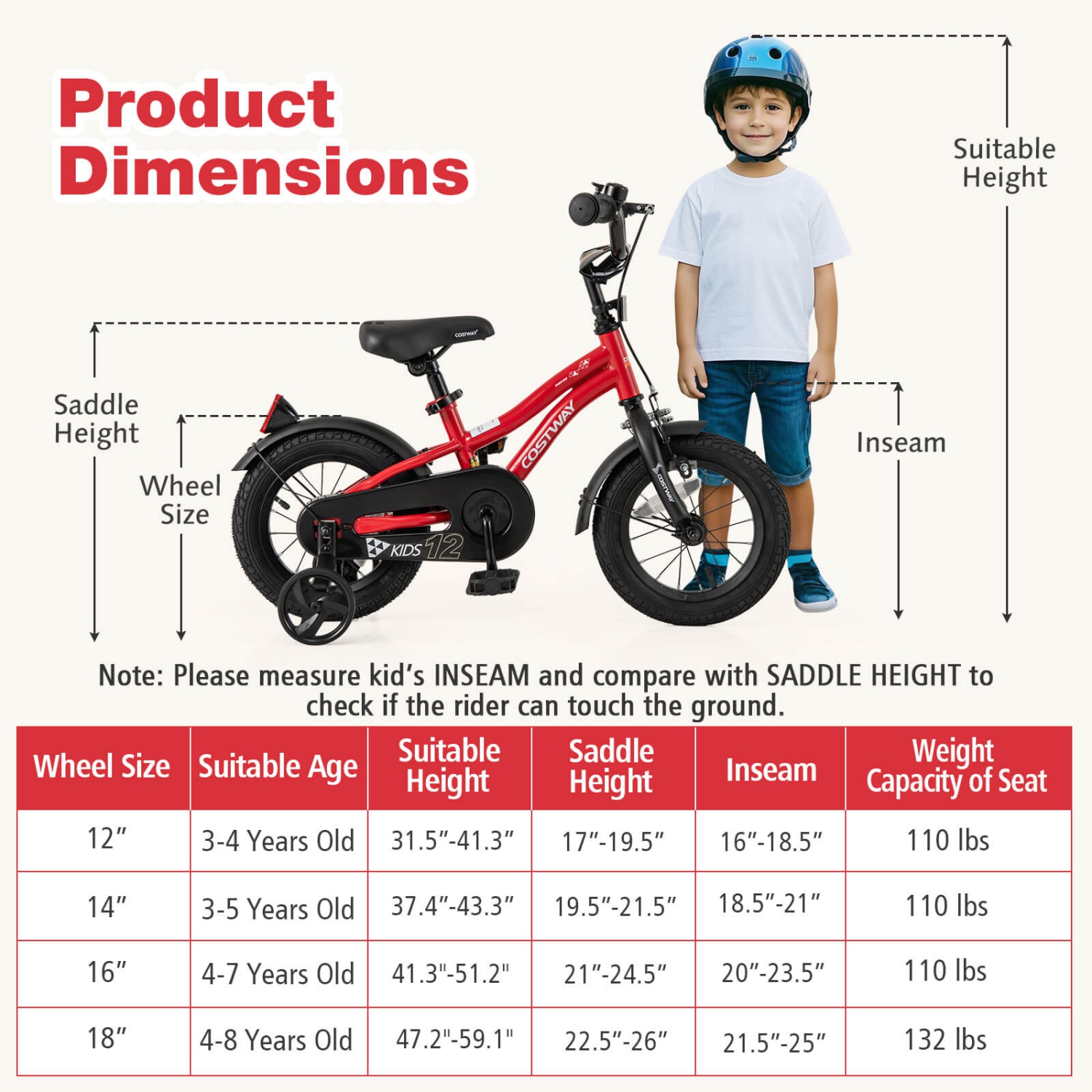 Costway 12"/14"/16"/18" Kids Bike for 3-4 Years Old Boys & Girls with Adjustable Seat Handbrake Reflectors Blue/Purple/Red