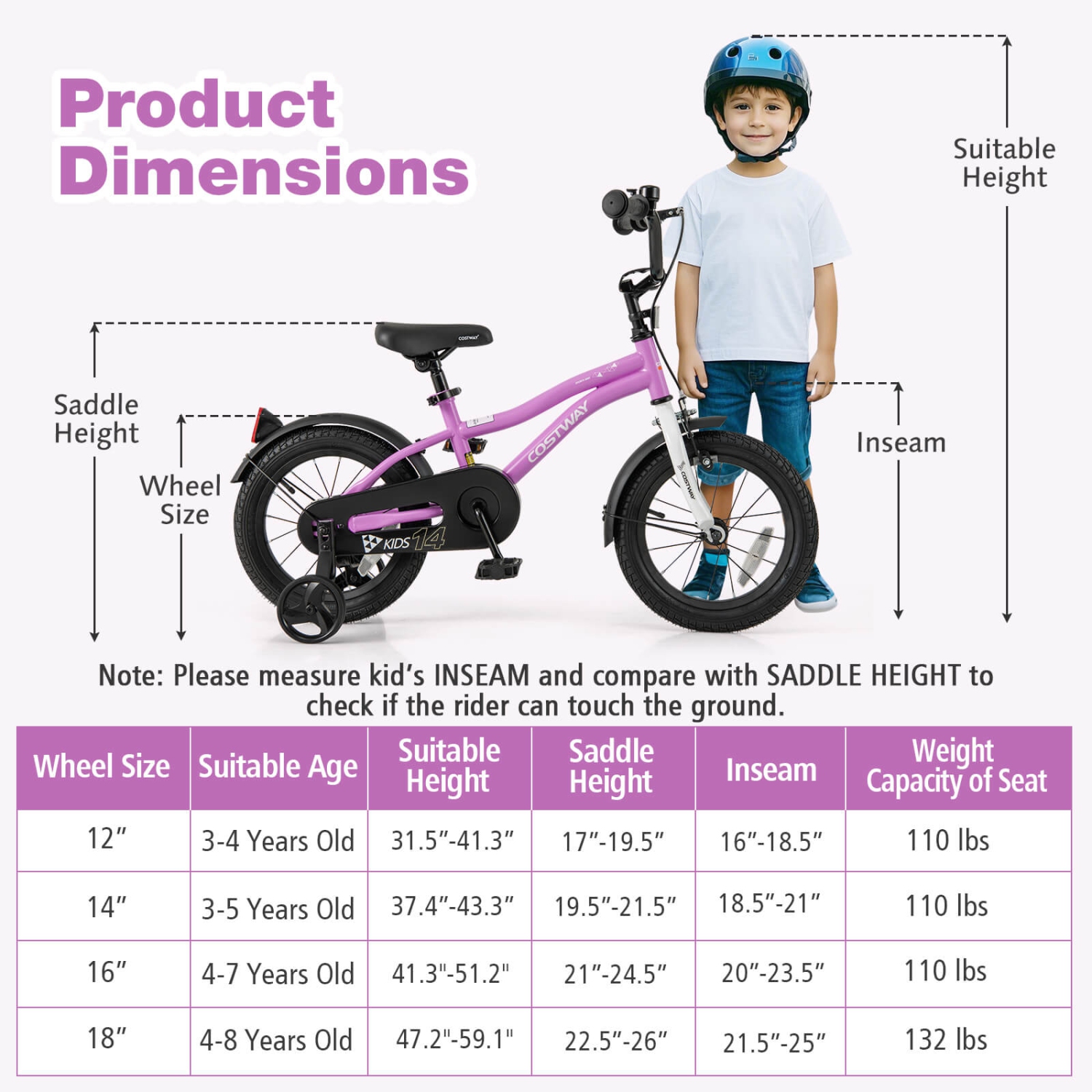 Costway 12"/14"/16"/18" Kids Bike for 3-4 Years Old Boys & Girls with Adjustable Seat Handbrake Reflectors Blue/Purple/Red