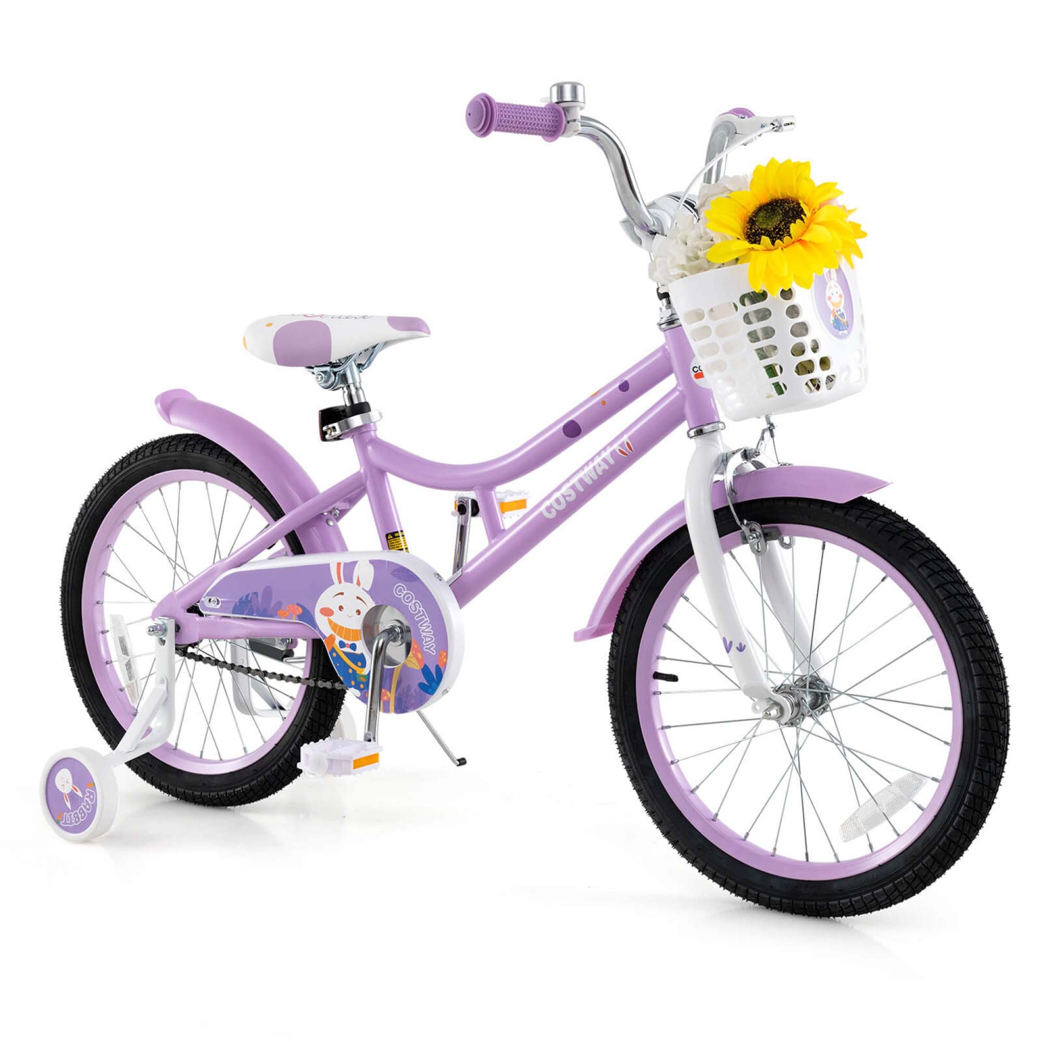 Costway Girl Bike with Basket Detachable Training Wheels Adjustable Seat Handbrake Coaster Brake Purple