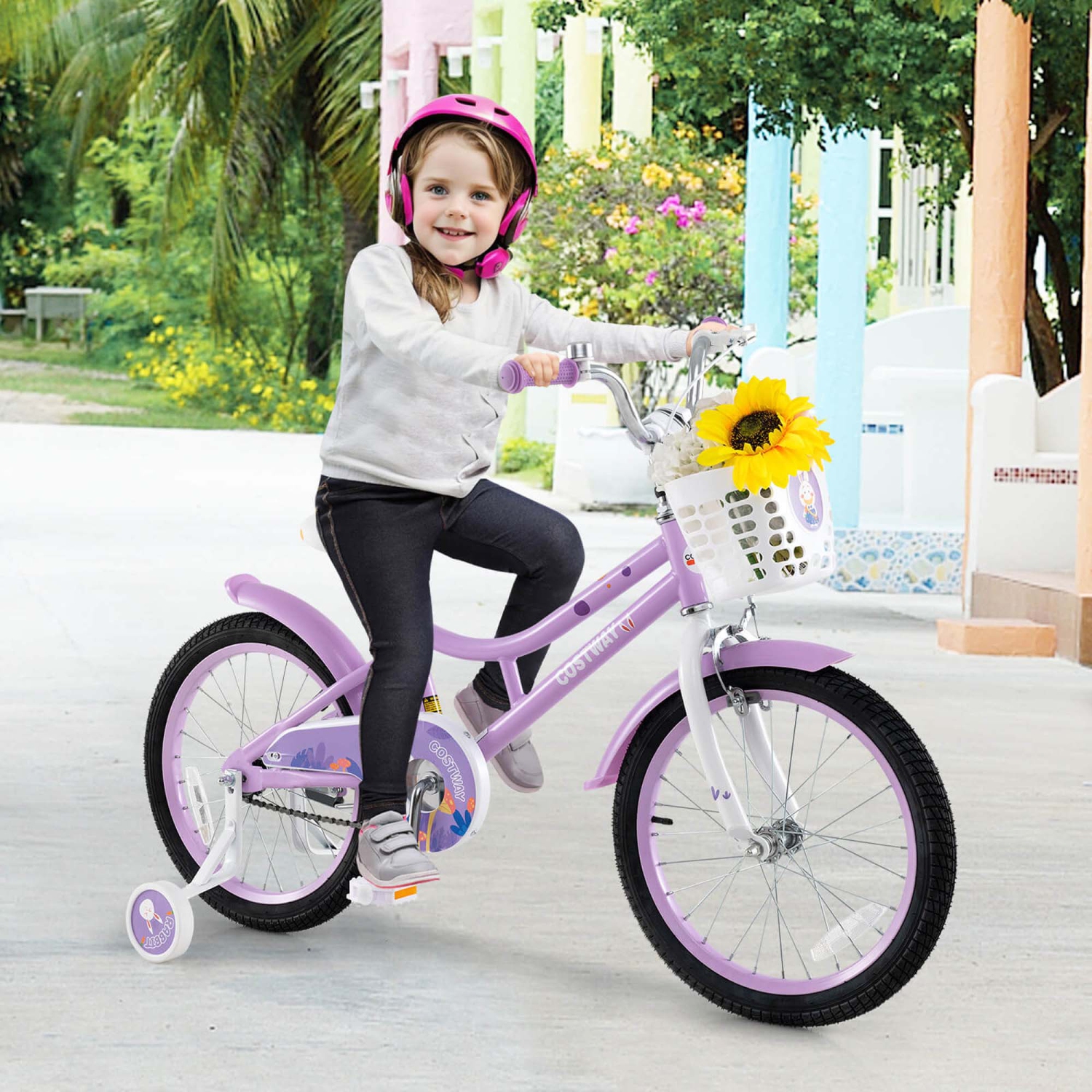 Costway Girl Bike with Basket Detachable Training Wheels Adjustable Seat Handbrake Coaster Brake Purple