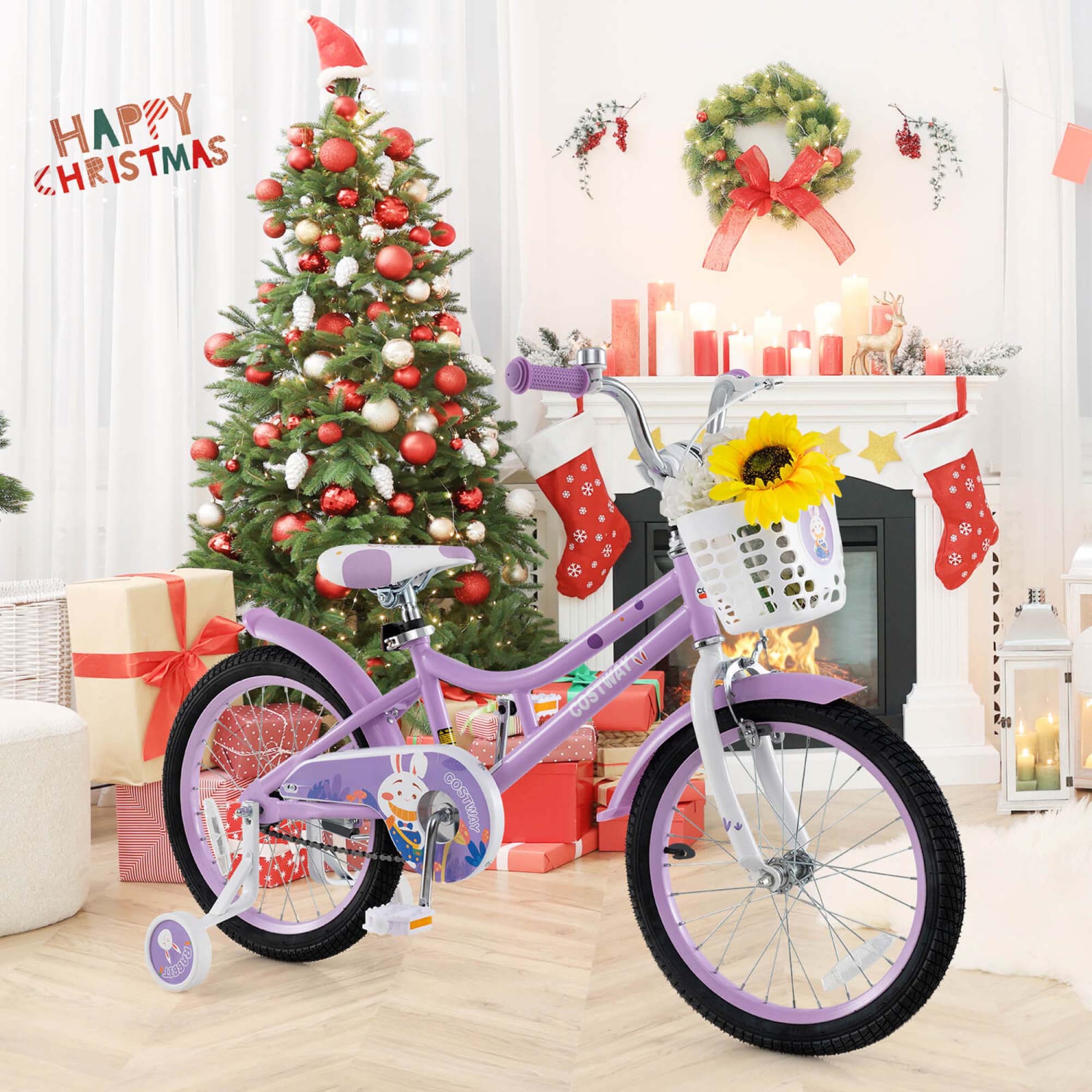 Costway Girl Bike with Basket Detachable Training Wheels Adjustable Seat Handbrake Coaster Brake Purple