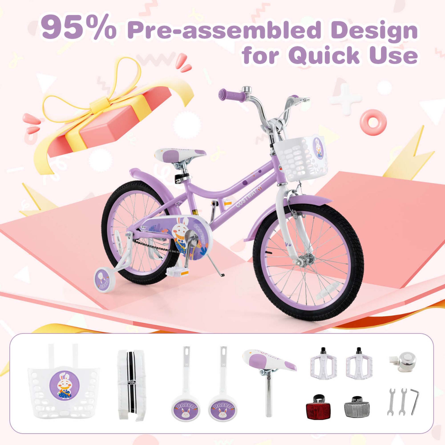 Costway Girl Bike with Basket Detachable Training Wheels Adjustable Seat Handbrake Coaster Brake Purple