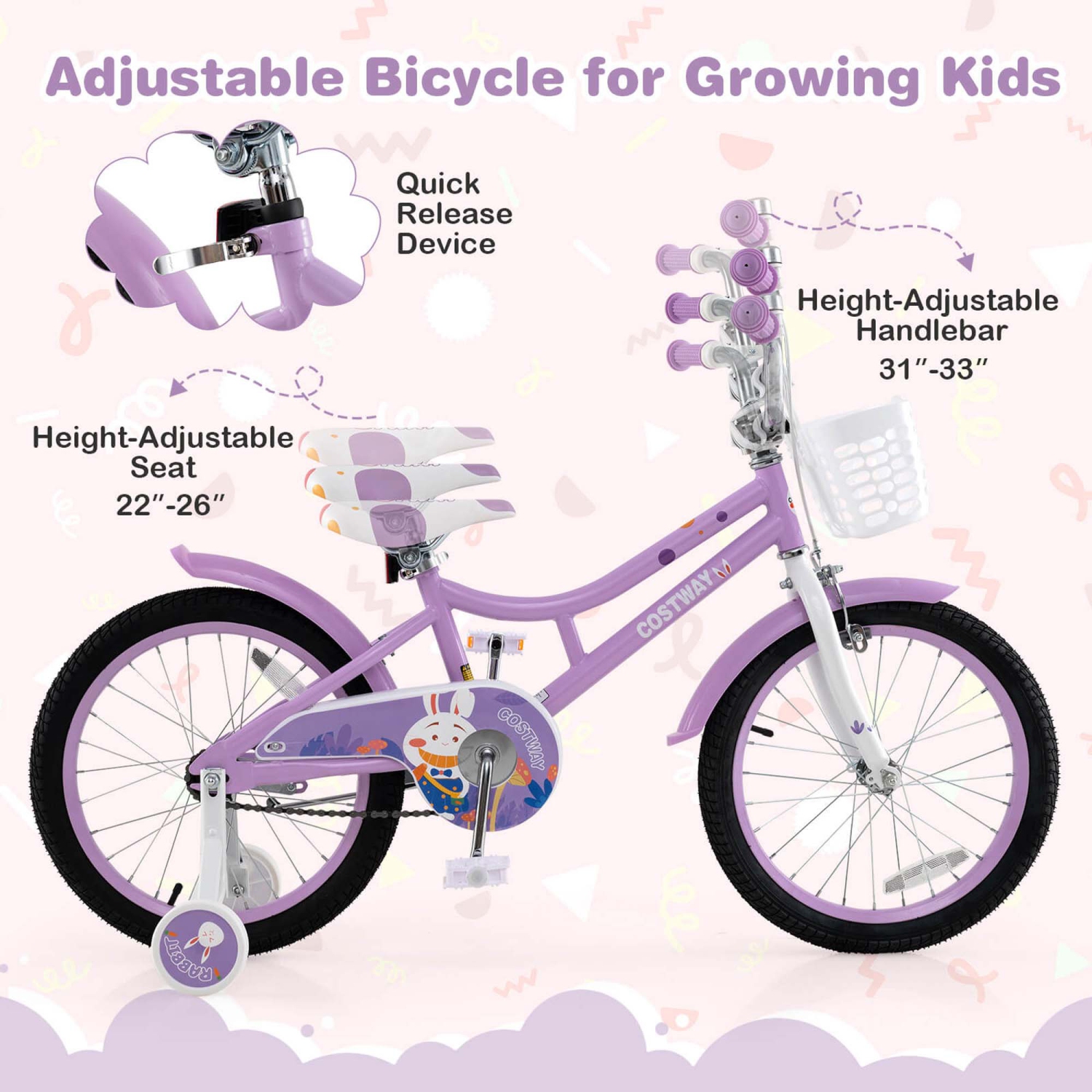 Costway Girl Bike with Basket Detachable Training Wheels Adjustable Seat Handbrake Coaster Brake Purple