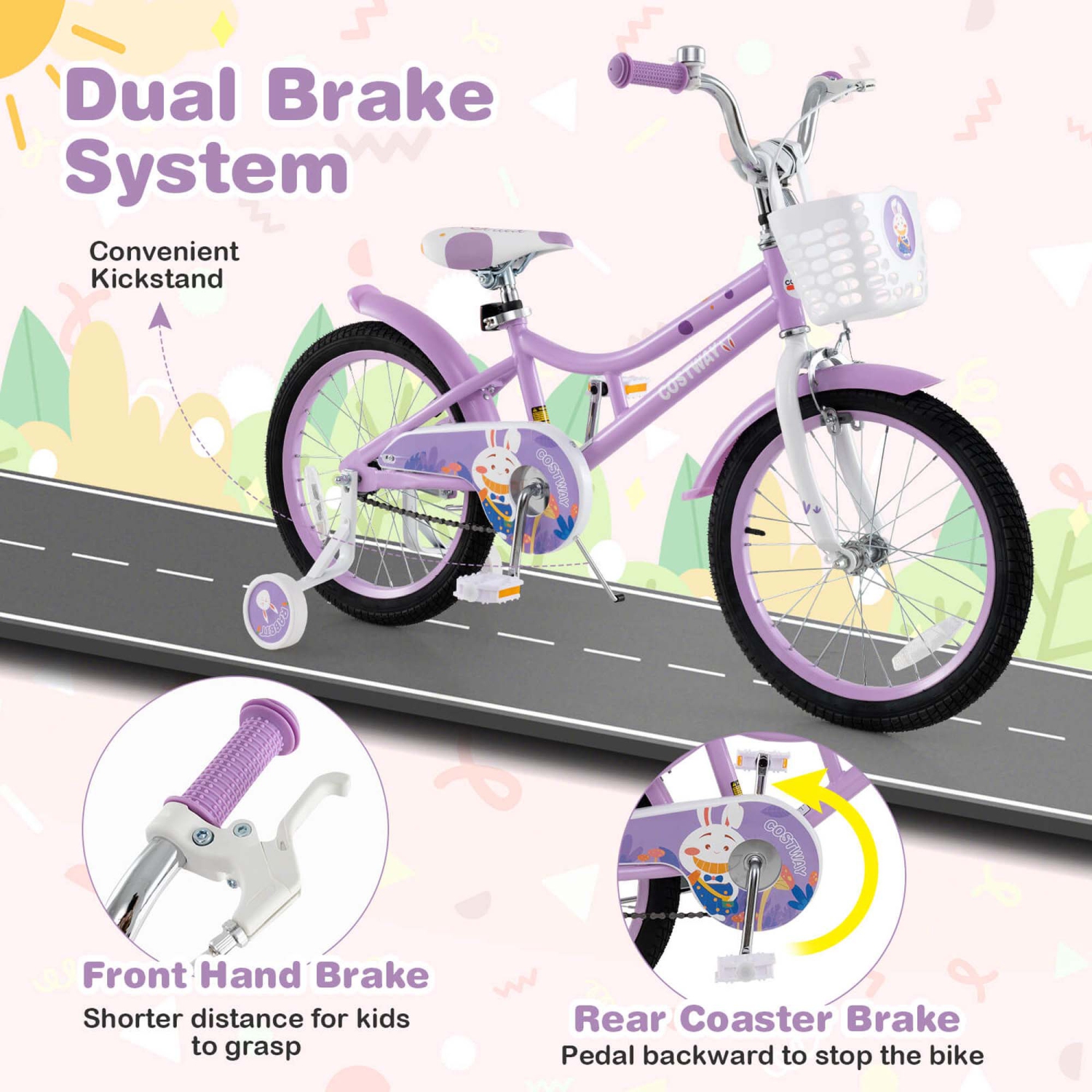 Costway Girl Bike with Basket Detachable Training Wheels Adjustable Seat Handbrake Coaster Brake Purple