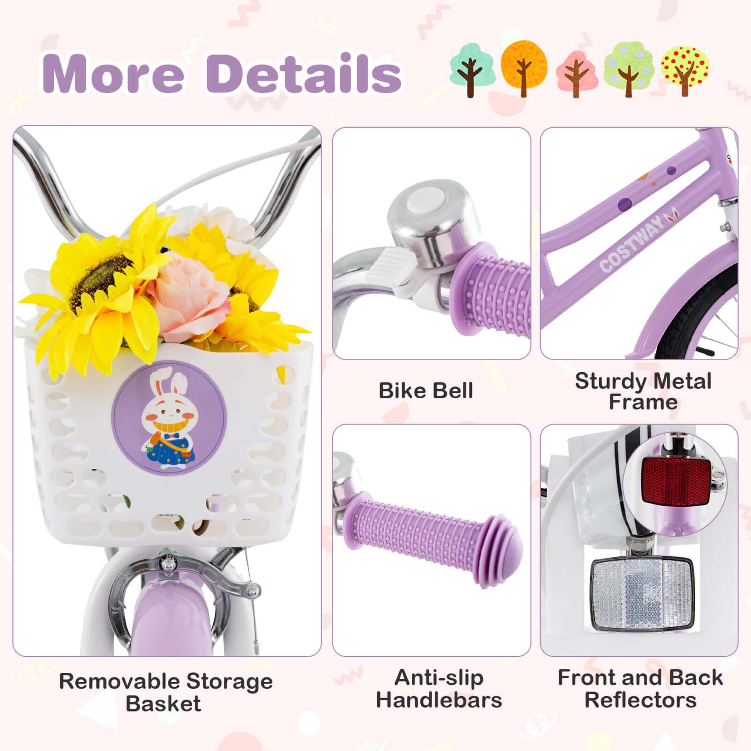 Costway Girl Bike with Basket Detachable Training Wheels Adjustable Seat Handbrake Coaster Brake Purple
