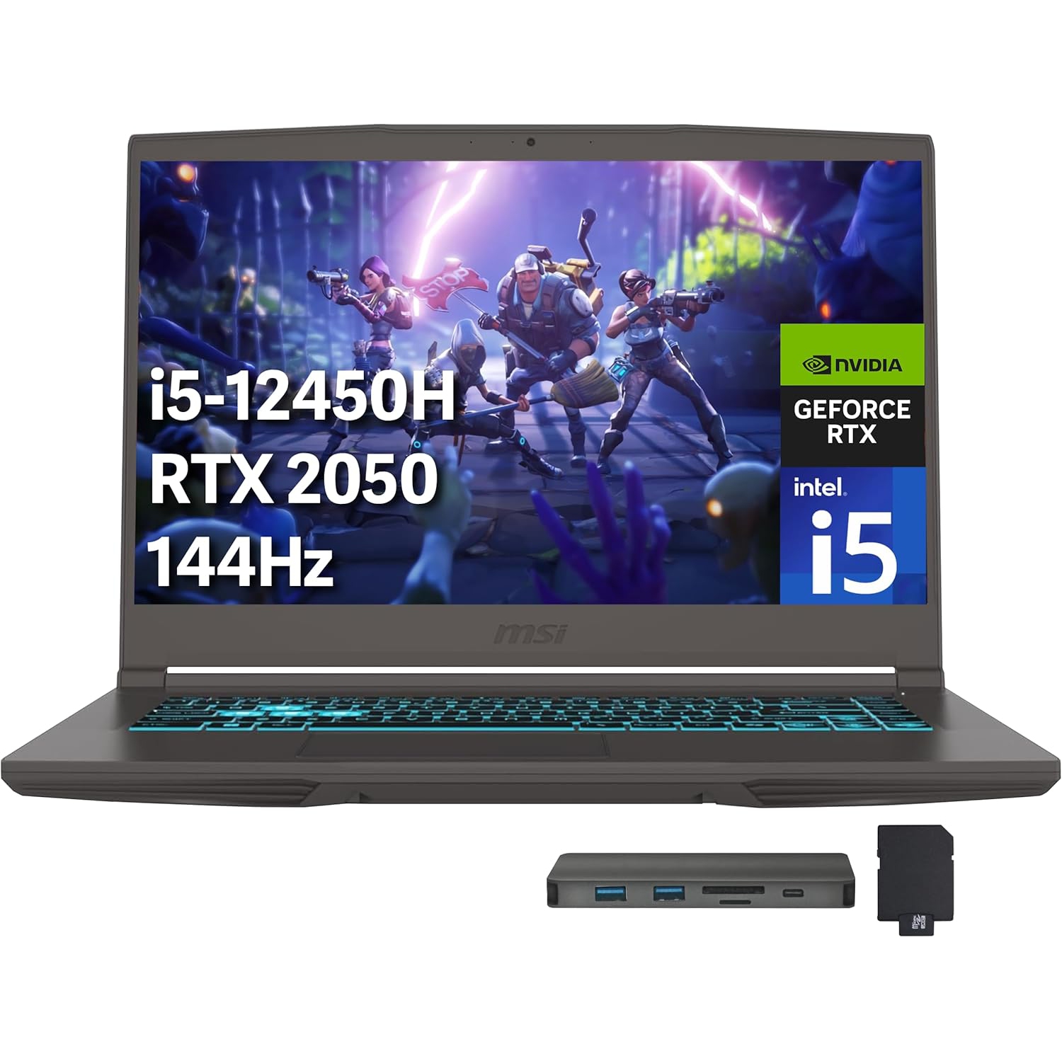 MSI Thin15 15.6” FHD 144Hz Gaming Laptop, Intel i5-12450H,2TB PCIe SSD, 32GB RAM, NVIDIA GeForce RTX 2050, Backlit Keyboard, WiFi 6, Win 11 Pro, Black, 256GB Docking Station Set