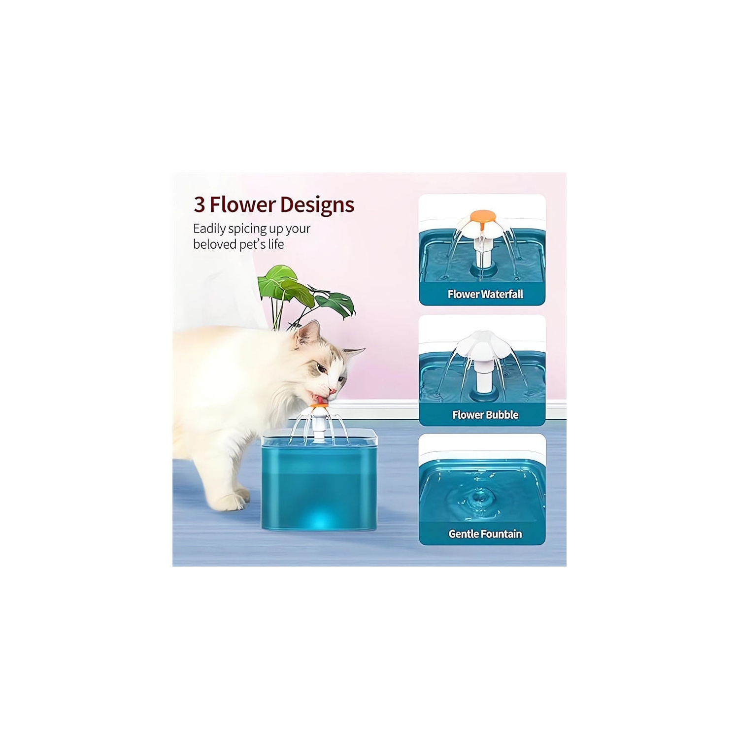 2L Pet Drinking Fountain with LED Light – Translucent design and bright LED light, ultra-quiet and quadruple filtration, 3 fountain drinking designs