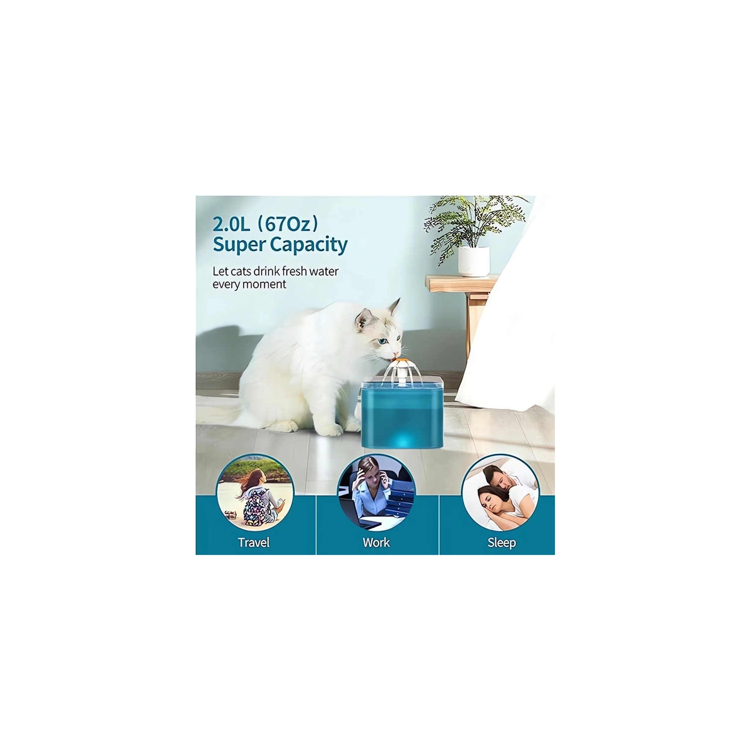 2L Pet Drinking Fountain with LED Light – Translucent design and bright LED light, ultra-quiet and quadruple filtration, 3 fountain drinking designs