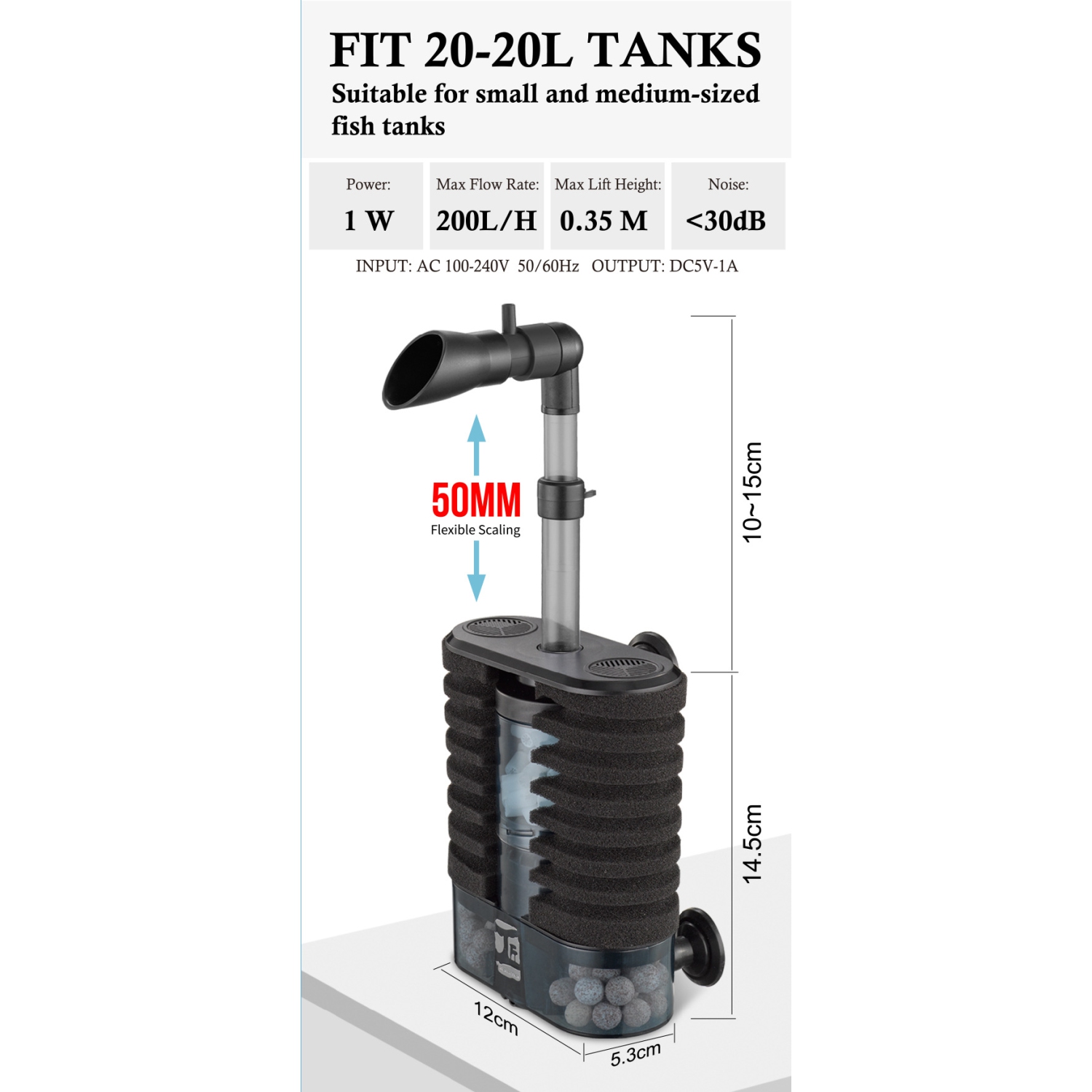 Filtre d'aquarium silencieux 3-en-1 – Oxygénateur 200 L/h, générateur d'ondes et purificateur d'eau, adapté à l'oxygénation, à la circulation et
