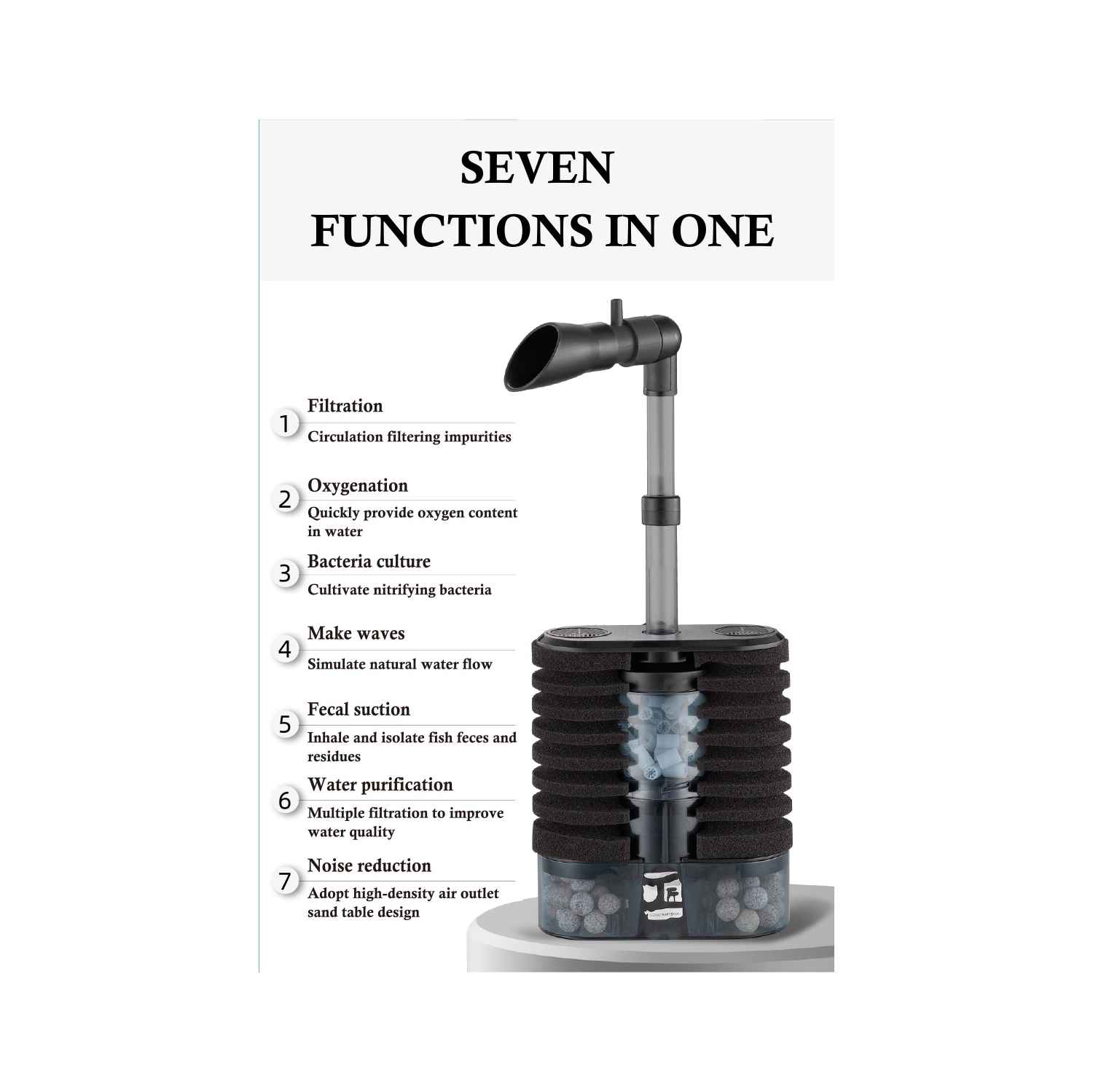 Filtre d'aquarium silencieux 3-en-1 – Oxygénateur 200 L/h, générateur d'ondes et purificateur d'eau, adapté à l'oxygénation, à la circulation et