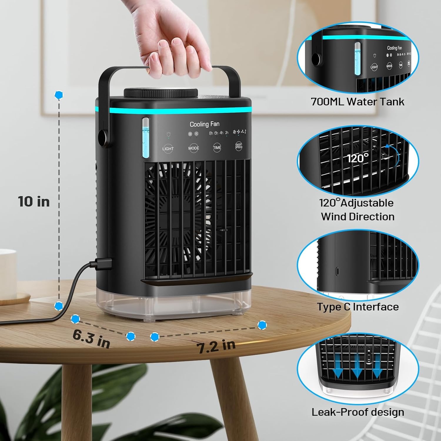 Kopado Mini Evaporative Air Cooler – Portable Personal Air Conditioner Fan with 4 Speeds, 2 Mist Levels, Timer & 7-Color LED – Ideal for Home, Office