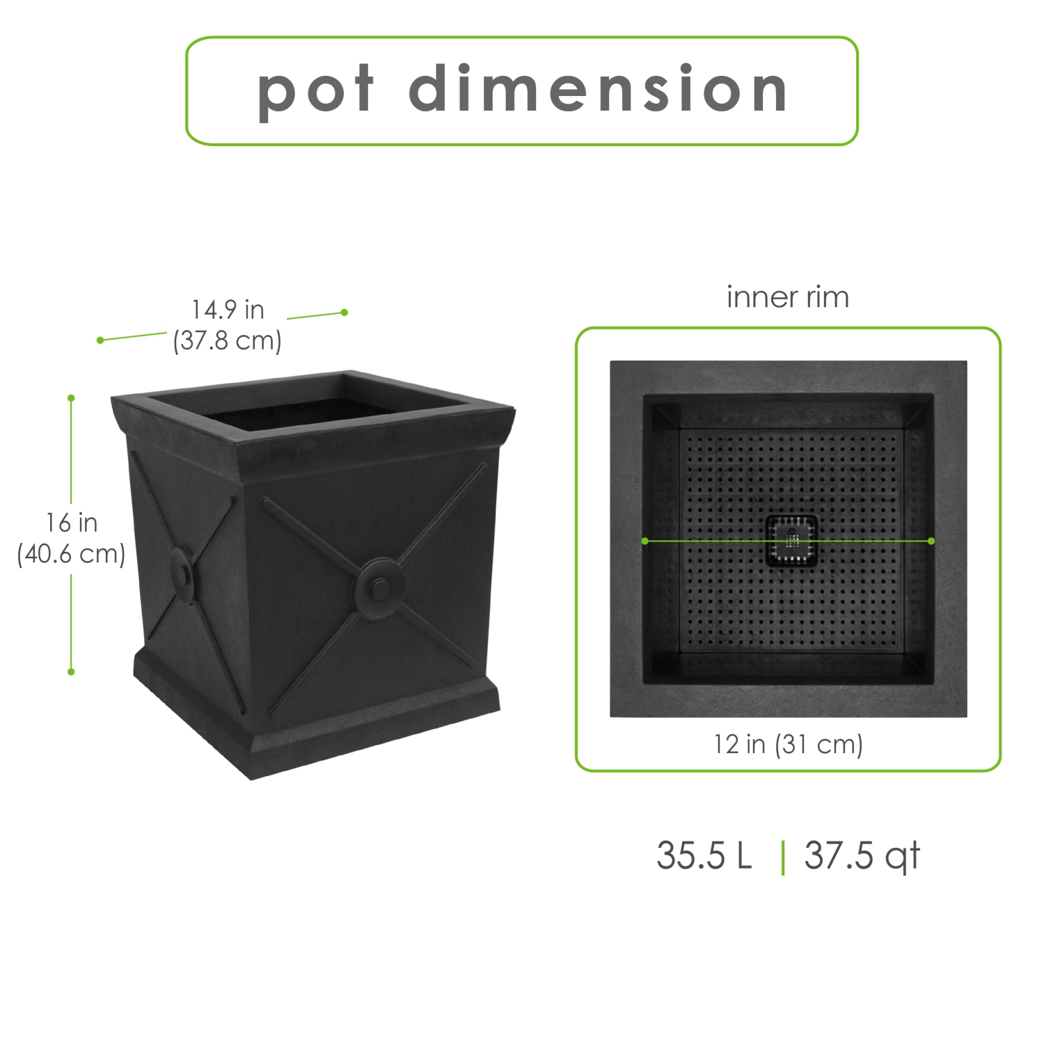 Tierra Verde 15" W x 16" H Allegro Monarch Square Self-Watering Planter - Black, Indoor/Outdoor