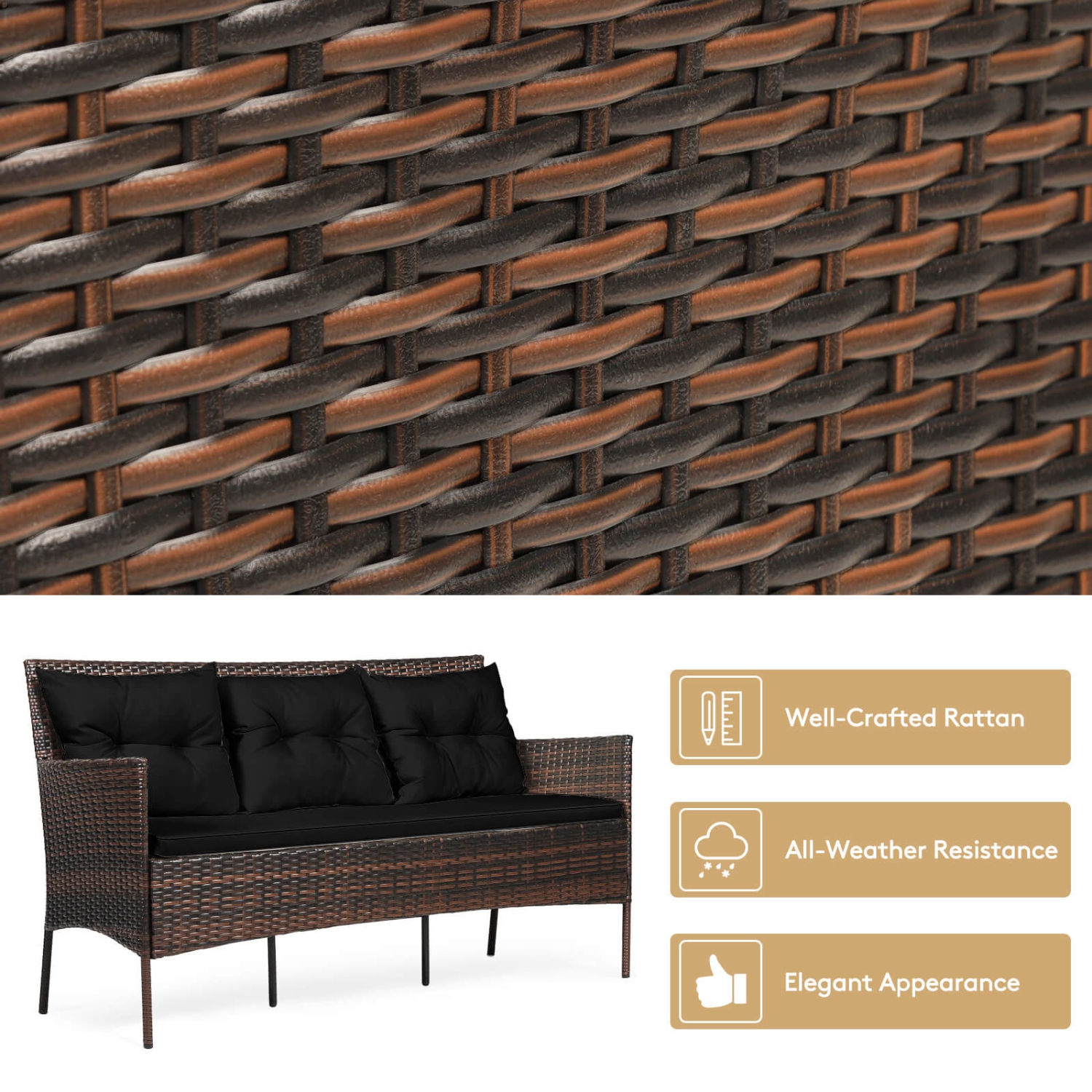 Ensemble de meubles de jardin en rotin 3 pièces de Costway, 3 places, canapé, table coussinée, jardin