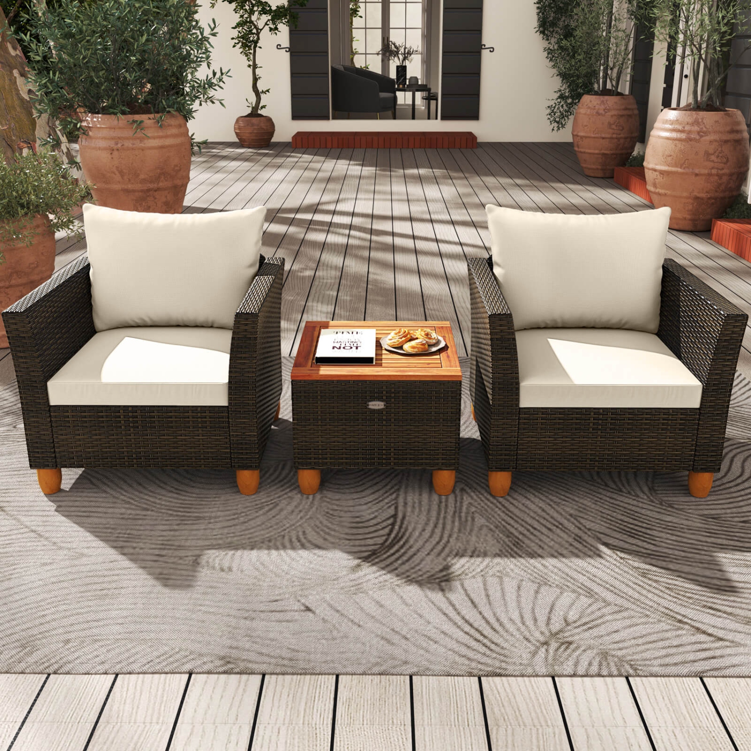 Costway 3 PCS Outdoor Patio Rattan Bistro Furniture Set Wooden Table Top Cushioned Sofa Gray/Black/Beige/Navy