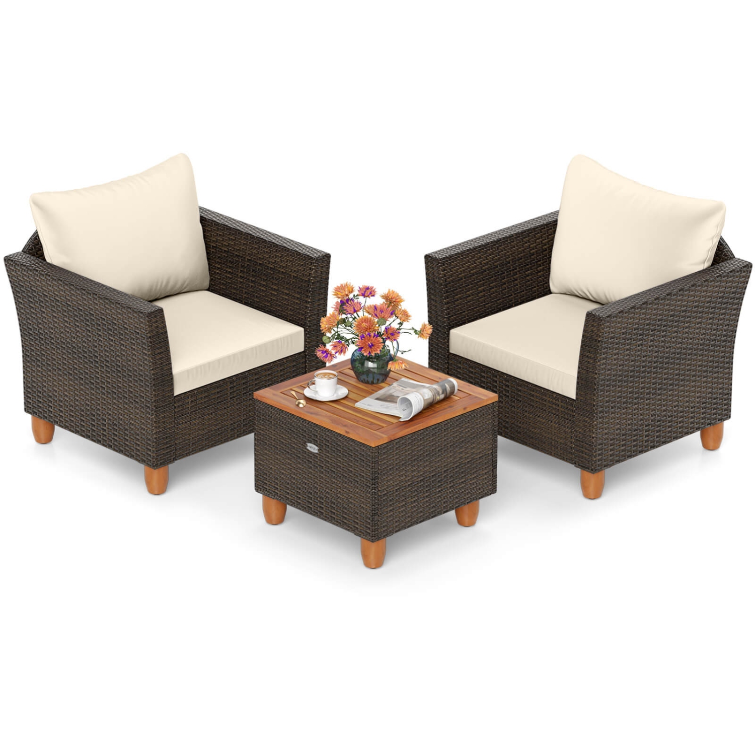 Costway 3 PCS Outdoor Patio Rattan Bistro Furniture Set Wooden Table Top Cushioned Sofa Gray/Black/Beige/Navy