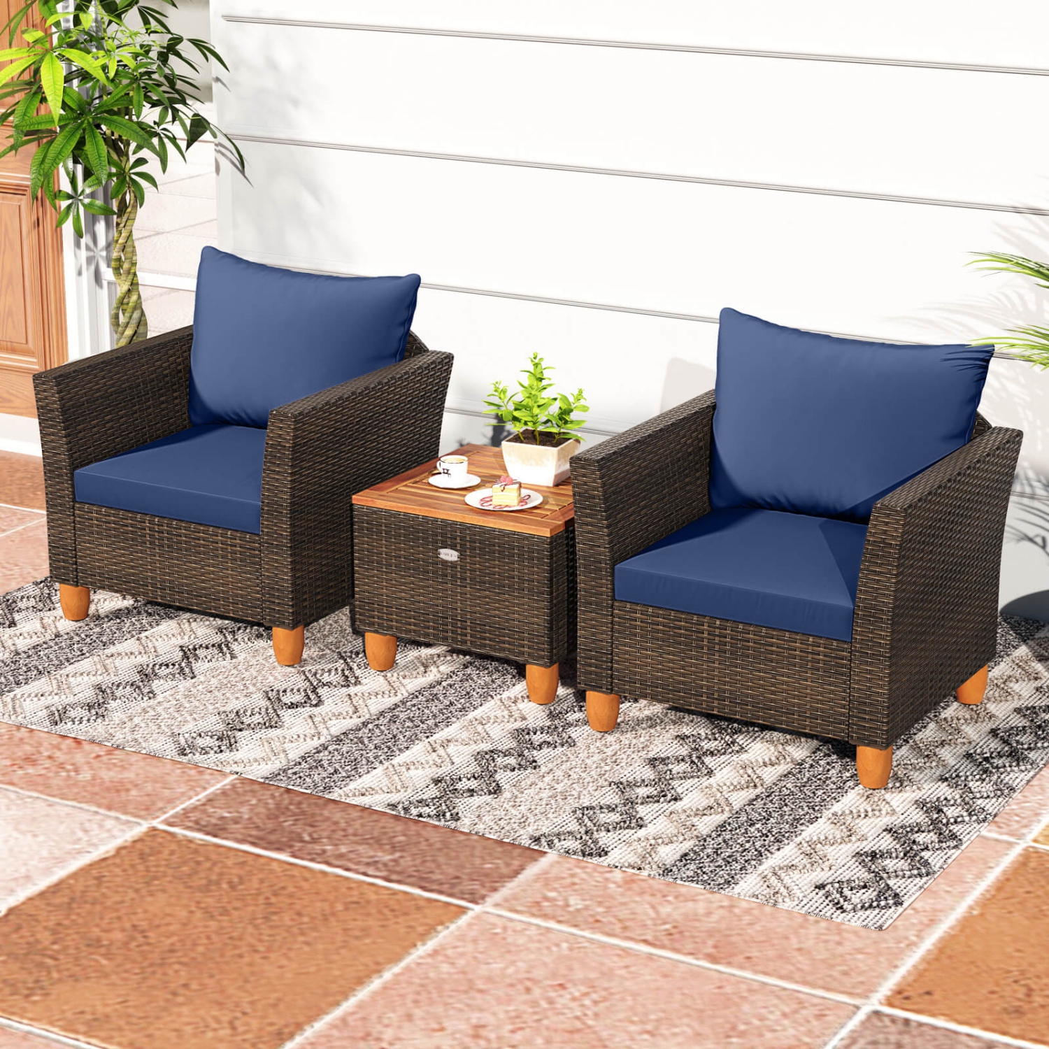 Costway 3 PCS Outdoor Patio Rattan Bistro Furniture Set Wooden Table Top Cushioned Sofa Gray/Black/Beige/Navy