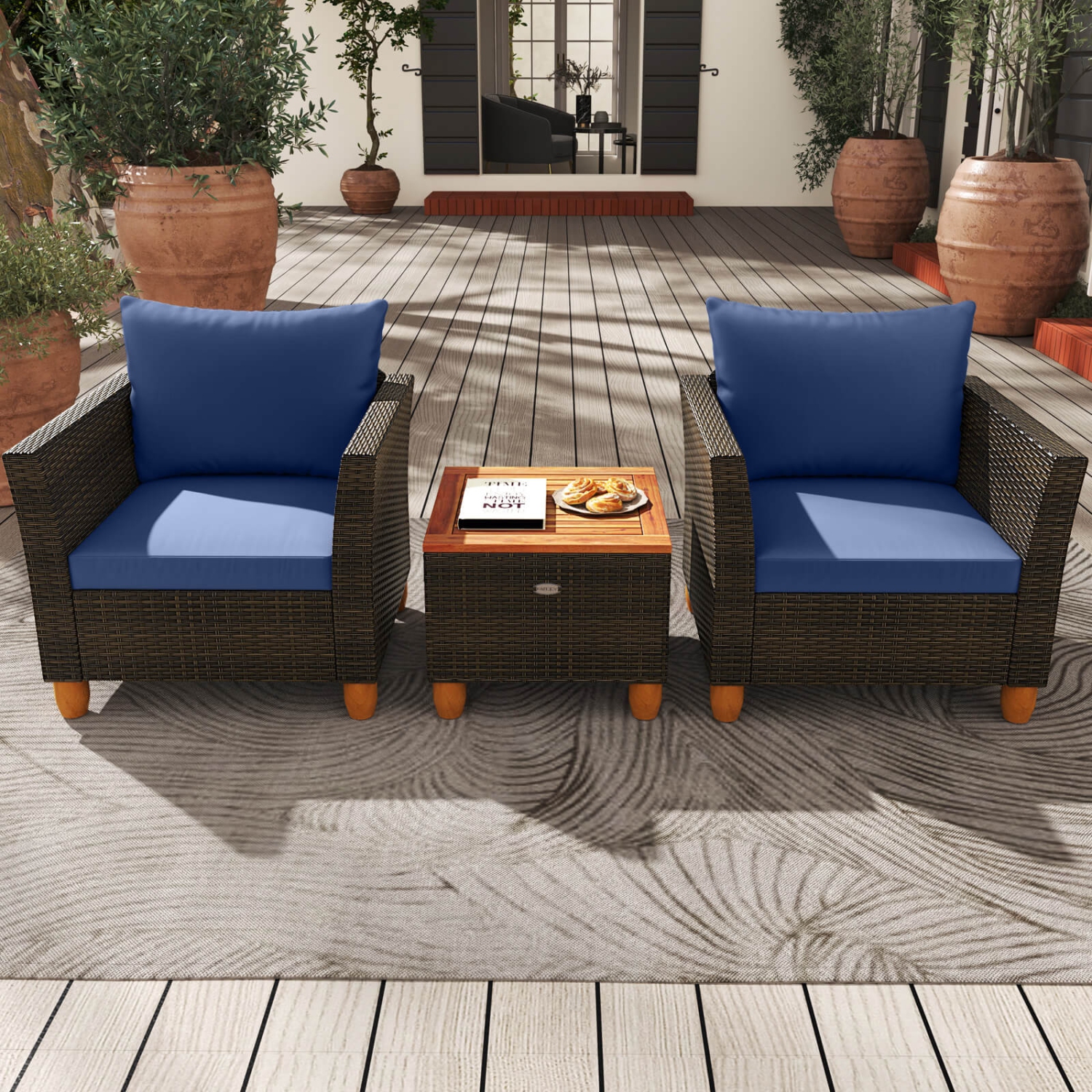 Costway 3 PCS Outdoor Patio Rattan Bistro Furniture Set Wooden Table Top Cushioned Sofa Gray/Black/Beige/Navy