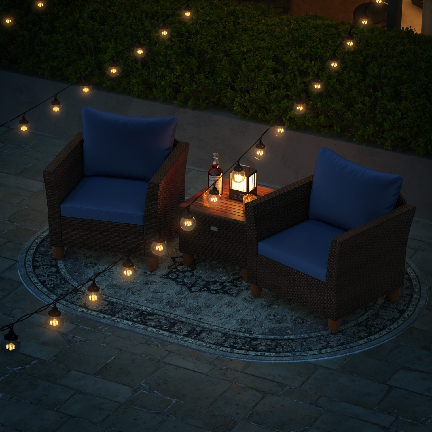 Costway 3 PCS Outdoor Patio Rattan Bistro Furniture Set Wooden Table Top Cushioned Sofa Gray/Black/Beige/Navy