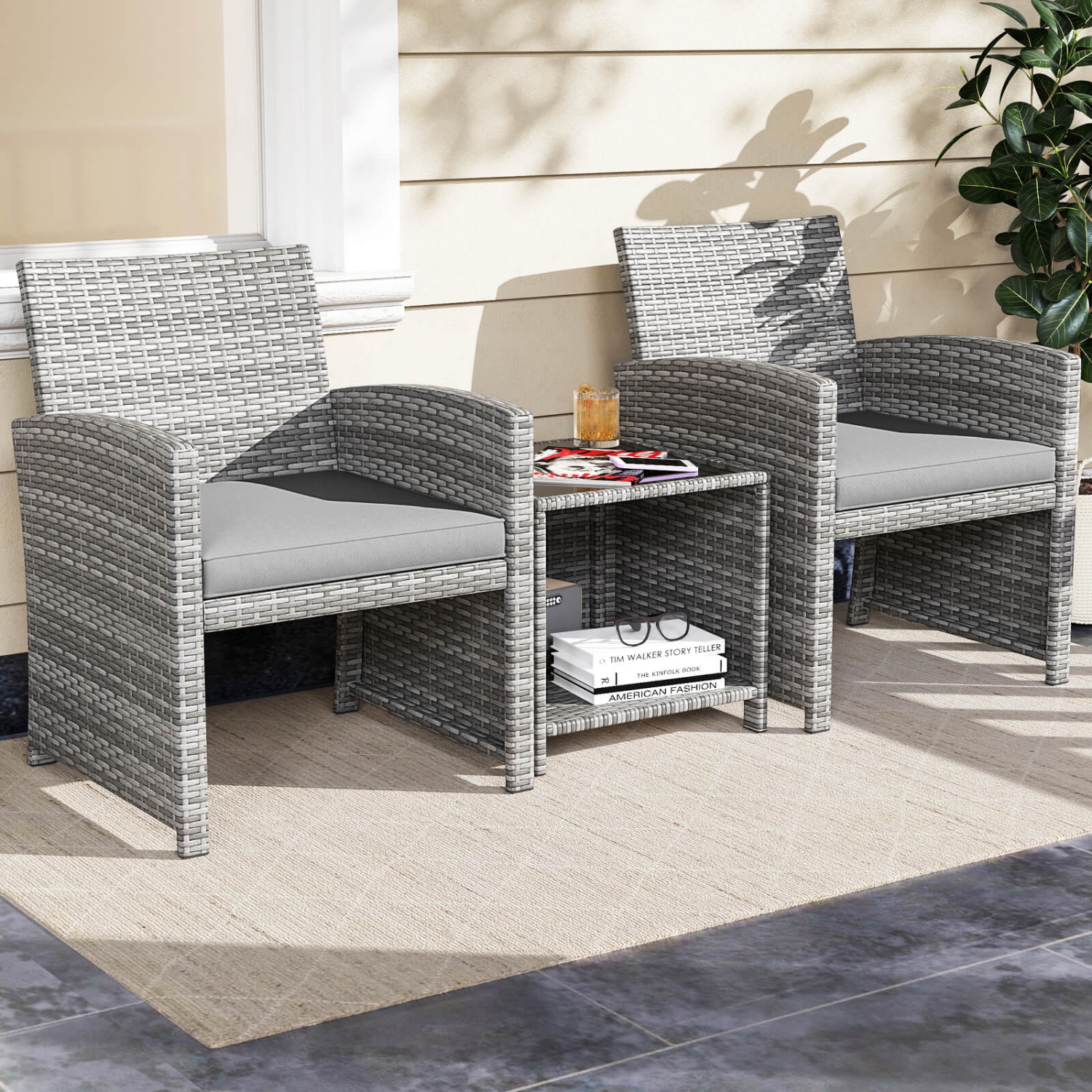 Ensemble de meubles de patio 3 PCS de Costway avec table basse en verre trempé et coussins de siège doux gris/noir/blanc