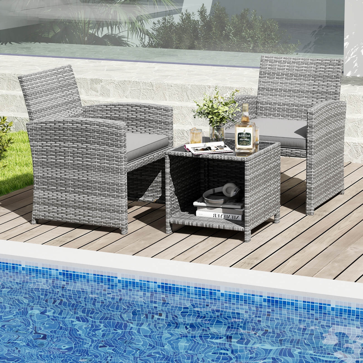 Ensemble de meubles de patio 3 PCS de Costway avec table basse en verre trempé et coussins de siège doux gris/noir/blanc