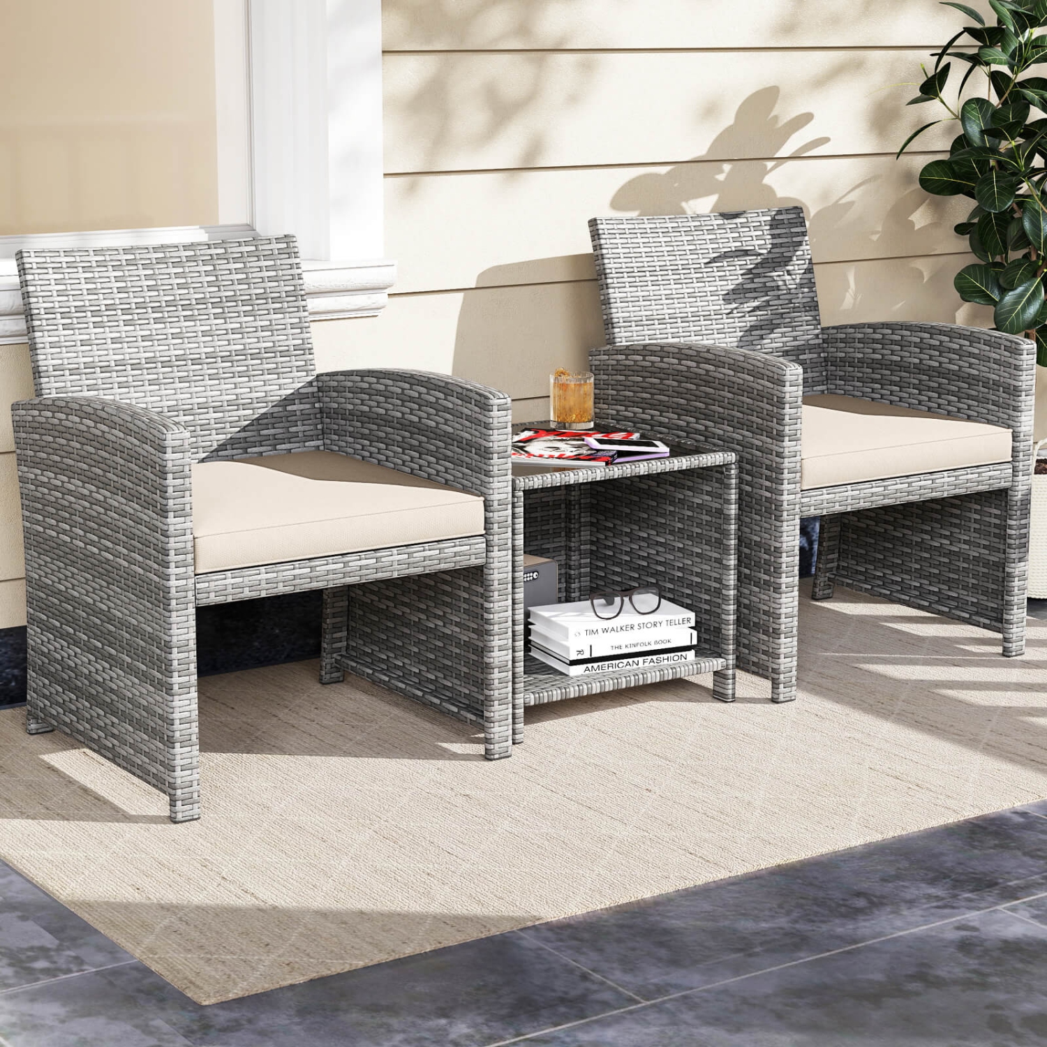 Costway 3 PCS Patio Furniture Set with Tempered Glass Coffee Table & Soft Seat Cushions Gray/Black/White