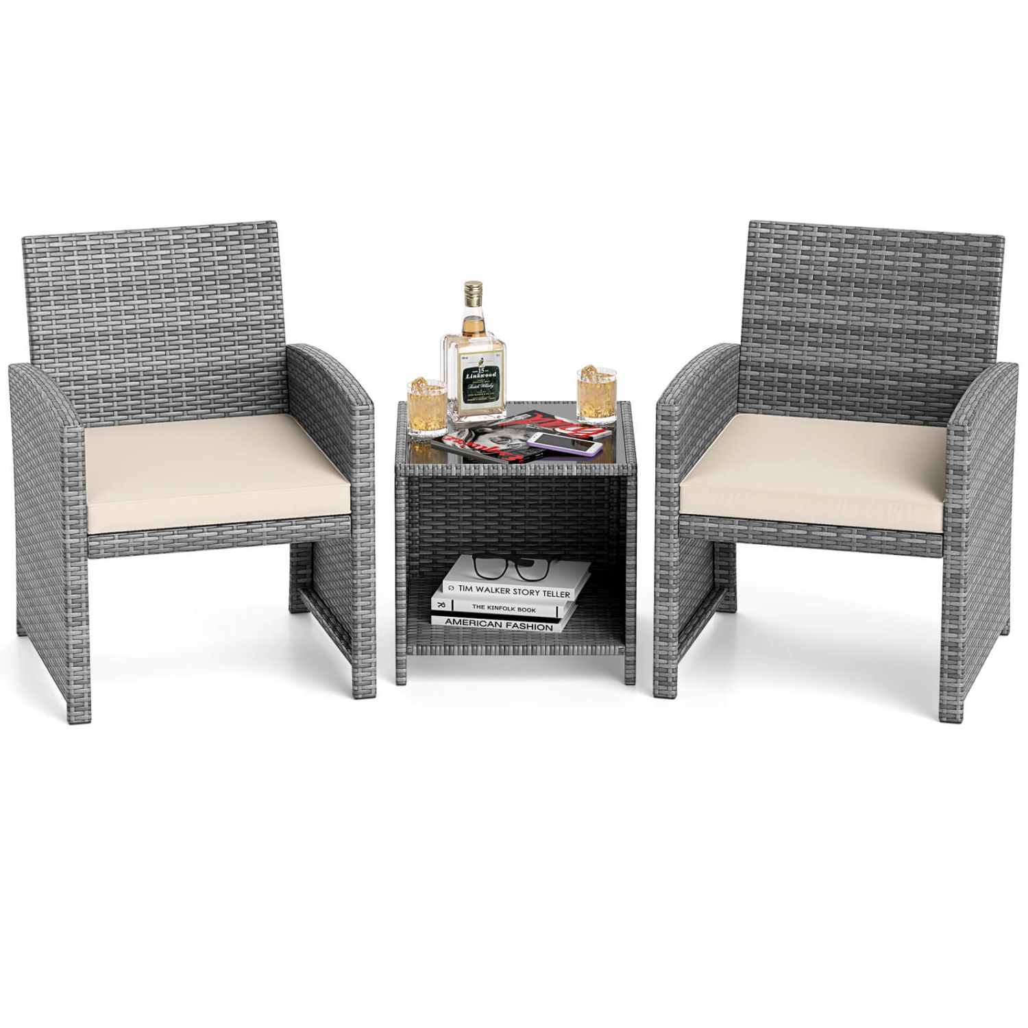 Costway 3 PCS Patio Furniture Set with Tempered Glass Coffee Table & Soft Seat Cushions Gray/Black/White