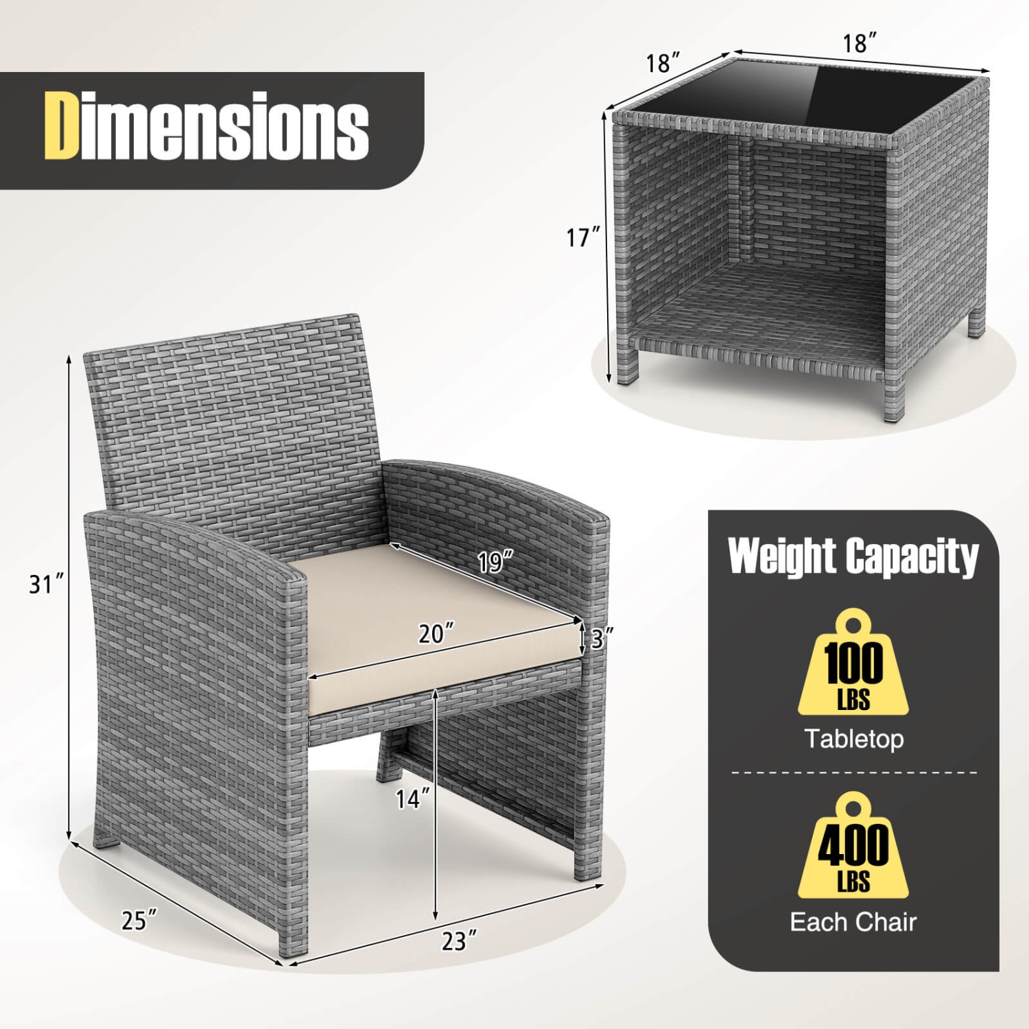 Costway 3 PCS Patio Furniture Set with Tempered Glass Coffee Table & Soft Seat Cushions Gray/Black/White