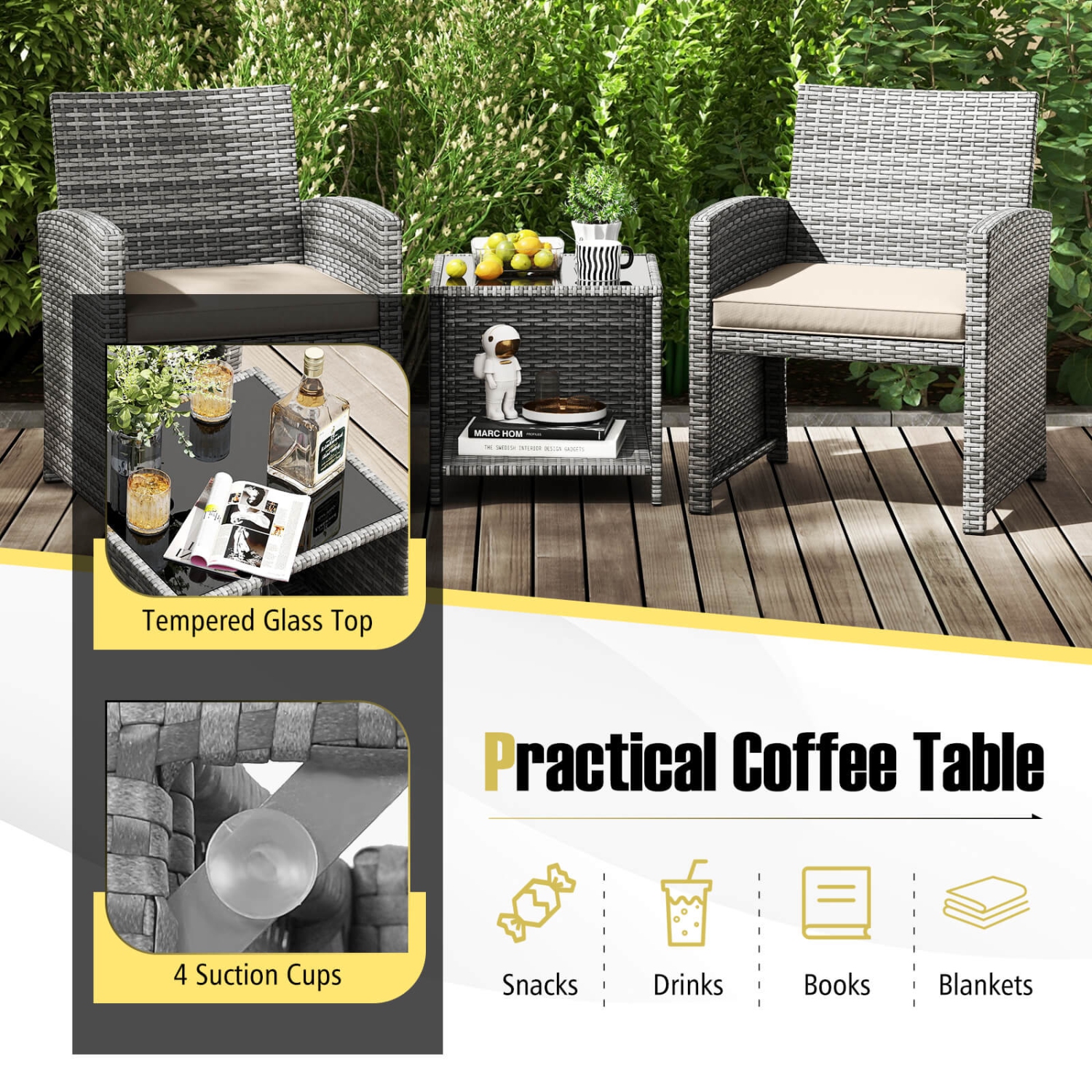 Costway 3 PCS Patio Furniture Set with Tempered Glass Coffee Table & Soft Seat Cushions Gray/Black/White