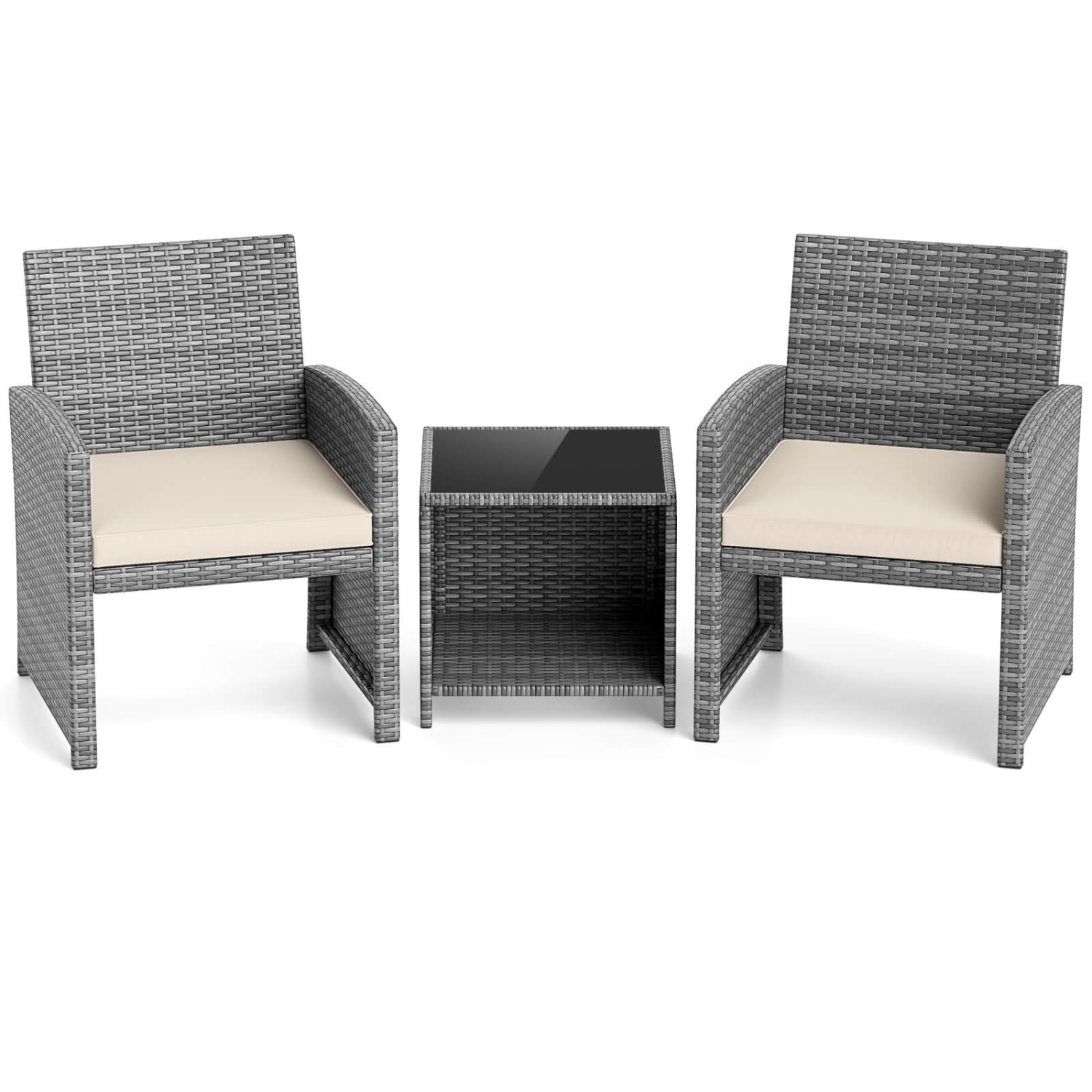 Costway 3 PCS Patio Furniture Set with Tempered Glass Coffee Table & Soft Seat Cushions Gray/Black/White