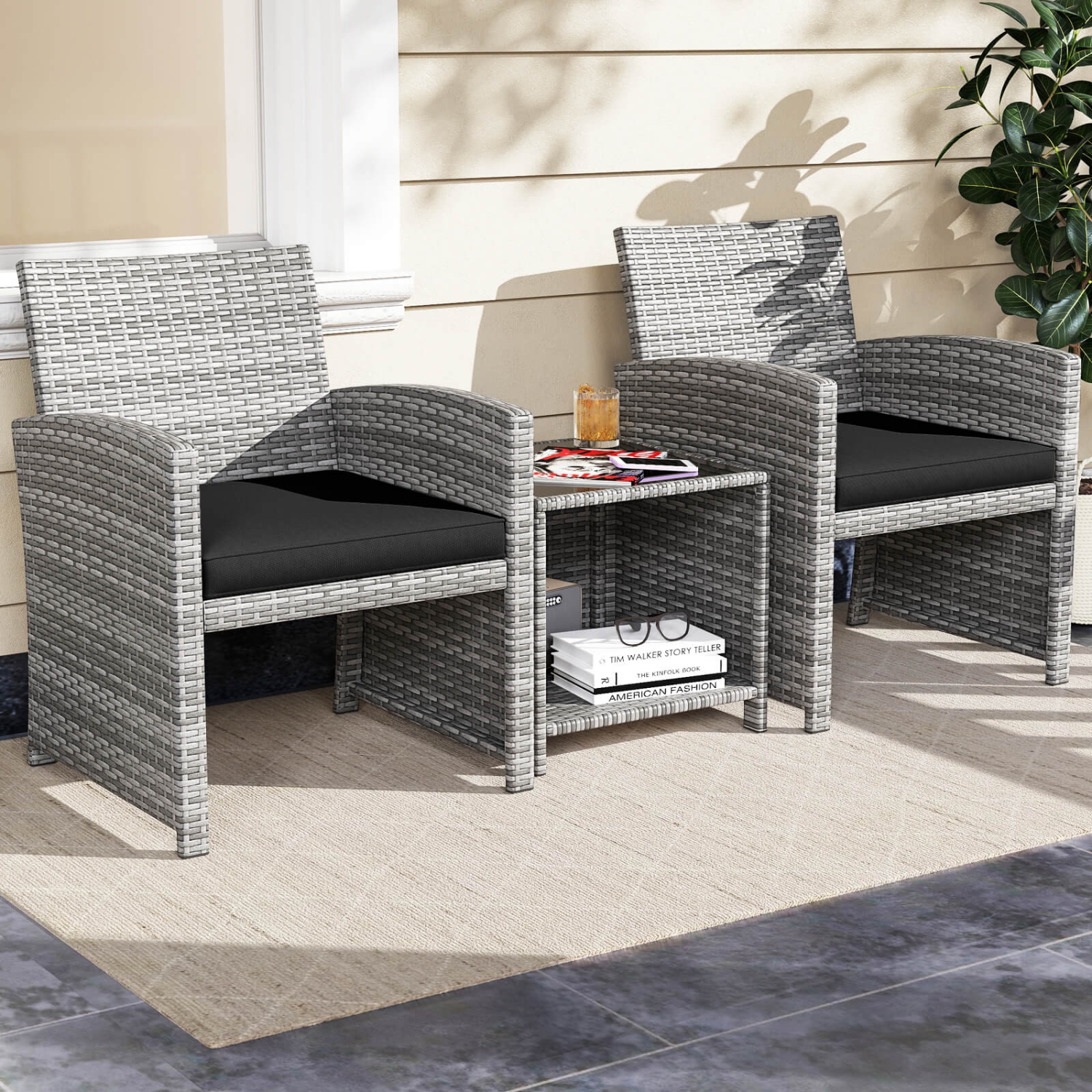 Ensemble de meubles de patio 3 PCS de Costway avec table basse en verre trempé et coussins de siège doux gris/noir/blanc